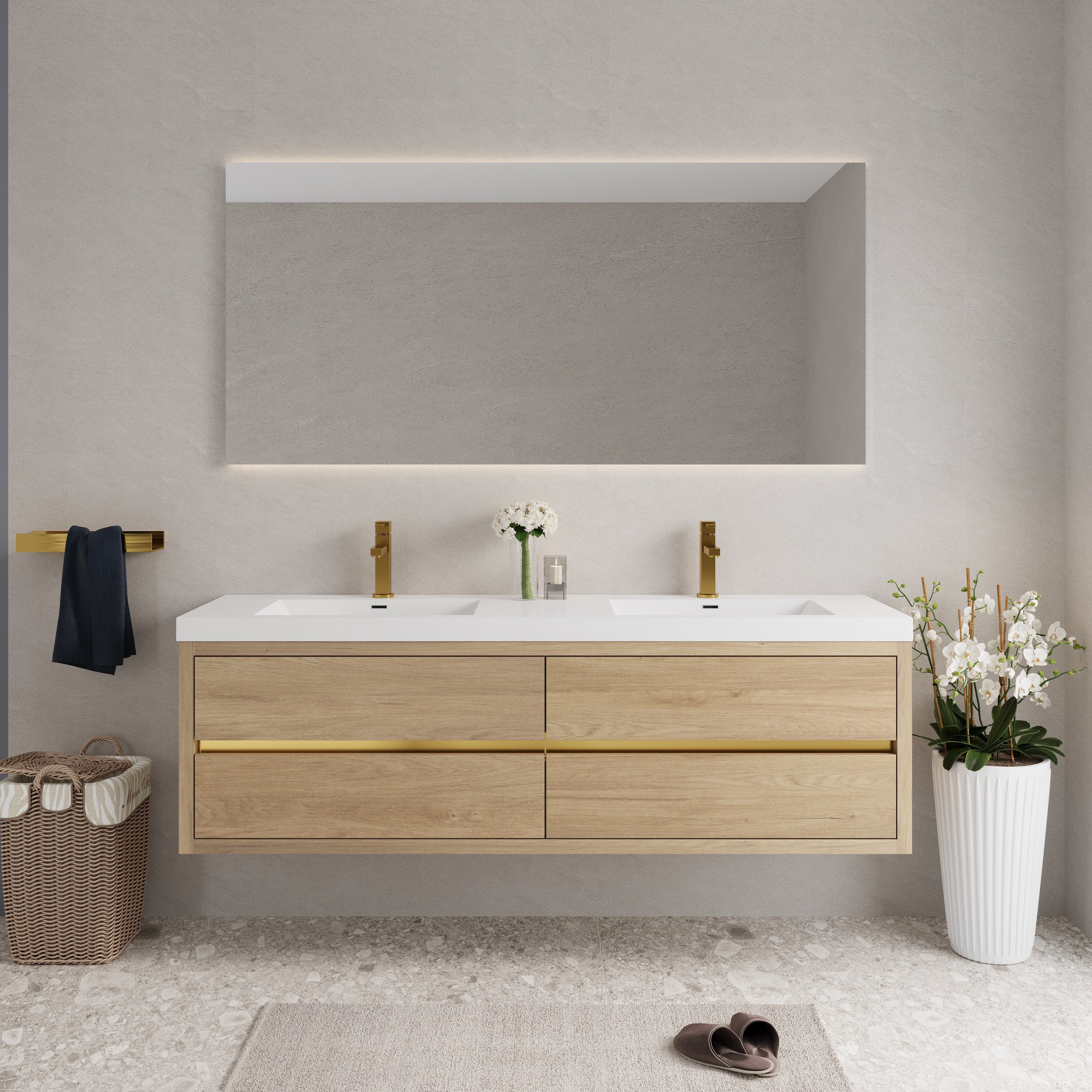 72 Inch Natural Oak Floating Vanity with Double Sinks