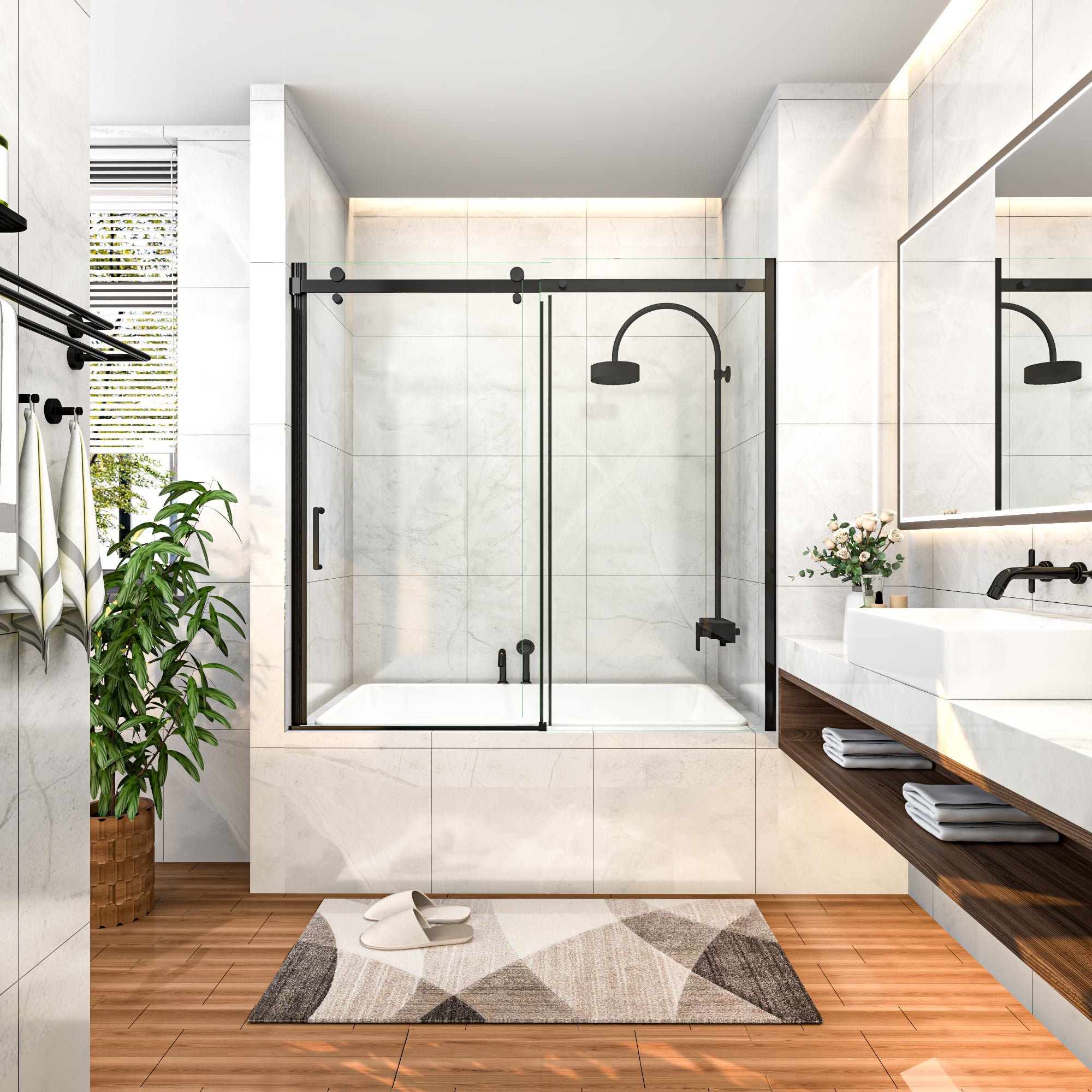 56-60" W x 58" H Frameless Black Shower Door for Bathtub