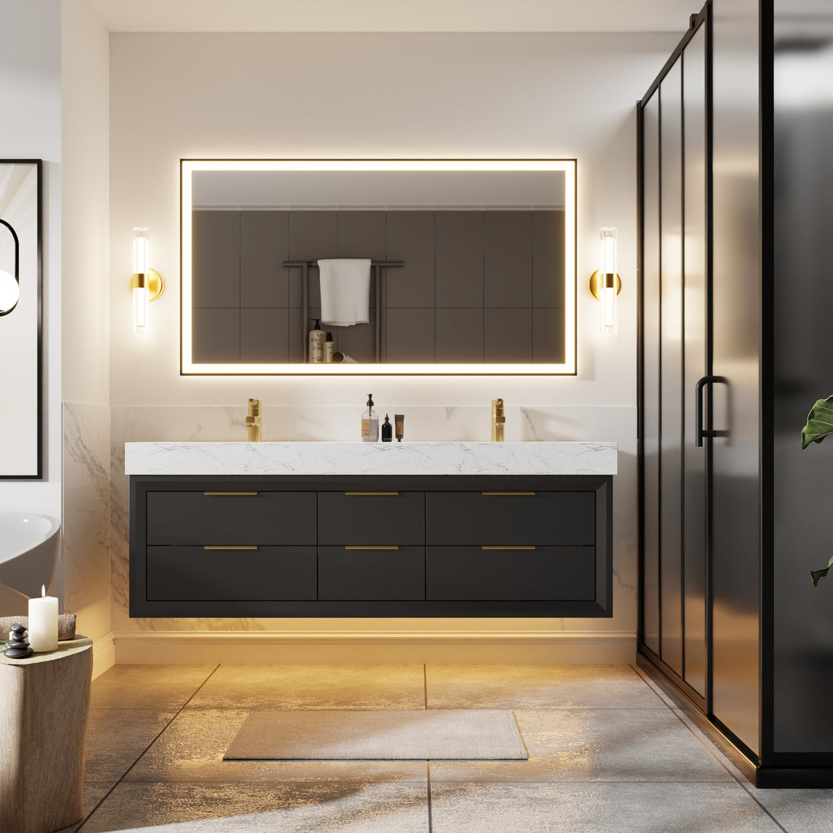 60" Floating Bathroom Vanity with Double Sinks & Lights, Black Wall Mount Vanity Cabinet