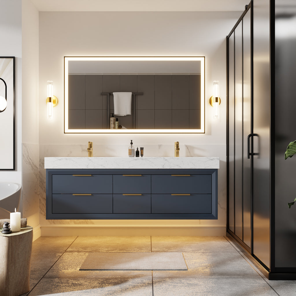 60" Floating Bathroom Vanity with Double Sinks & Lights, Blue Wall Mount Vanity Cabinet