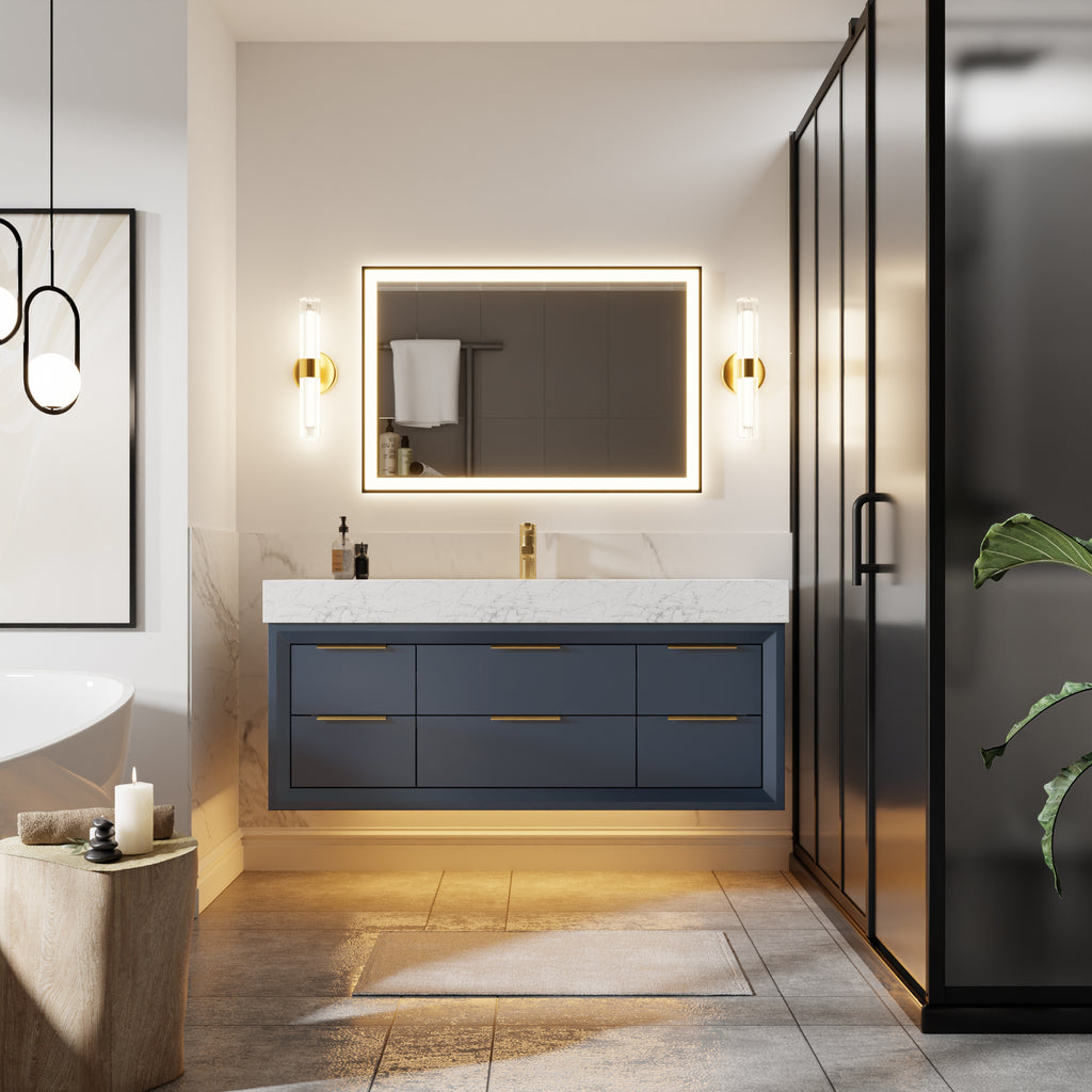 48" Floating Bathroom Vanity with Sink & Lights, Blue Wall Mount Vanity Cabinet