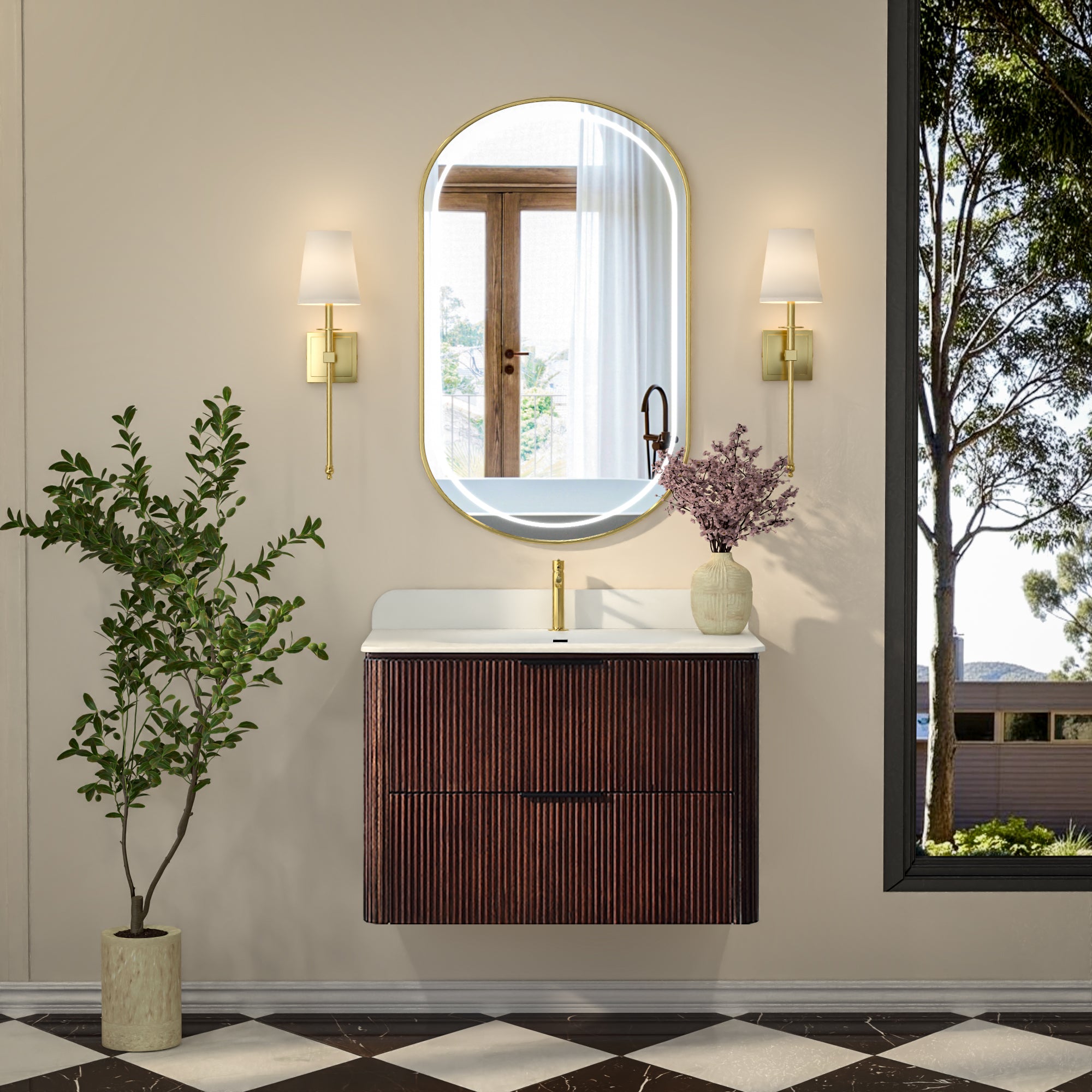 30-Inch Walnut Floating Bathroom Vanity with Sink