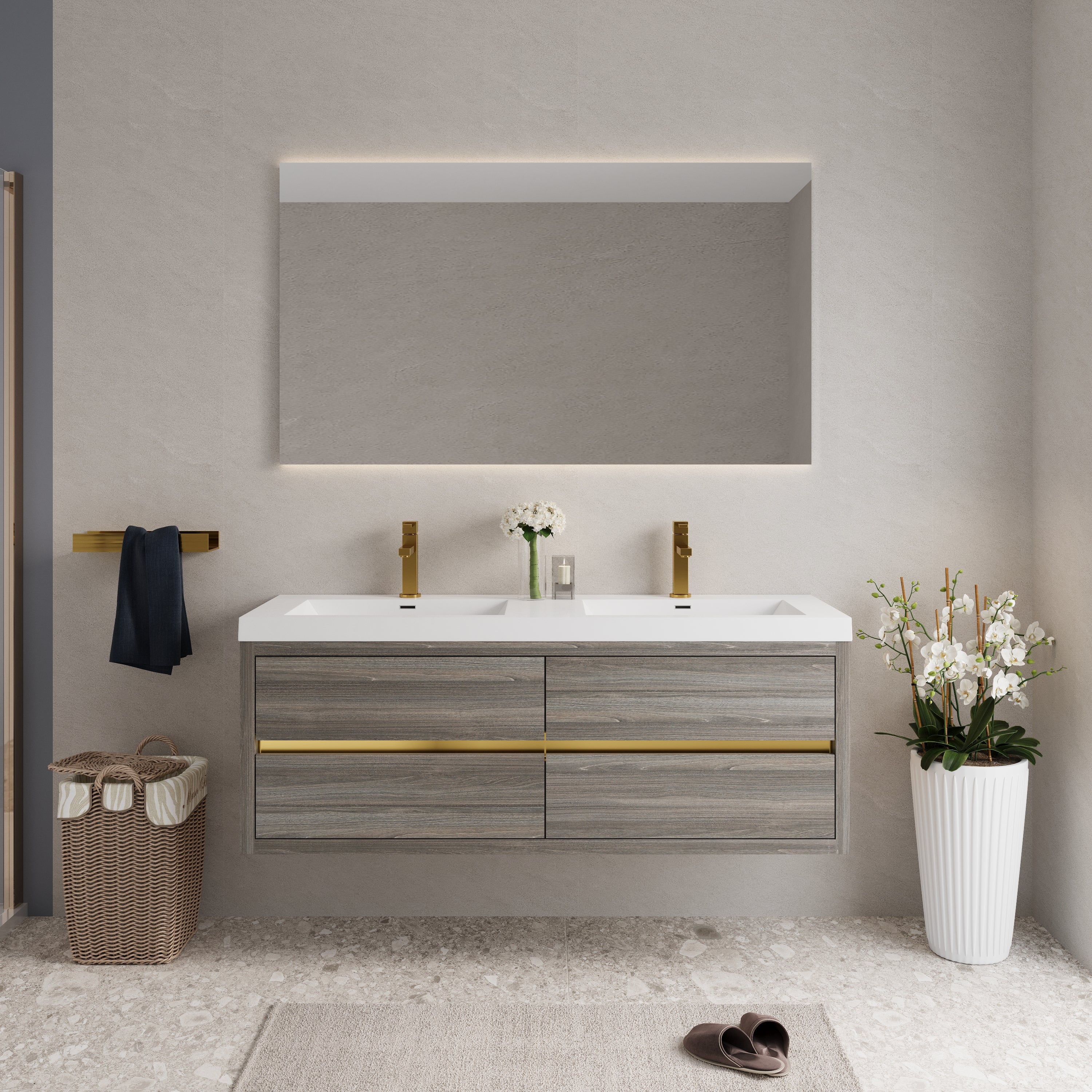 60 Inch Gray Floating Bathroom Vanity with Double Sinks