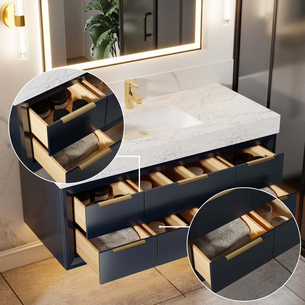 48" Floating Bathroom Vanity with Sink & Lights, Blue Wall Mount Vanity Cabinet