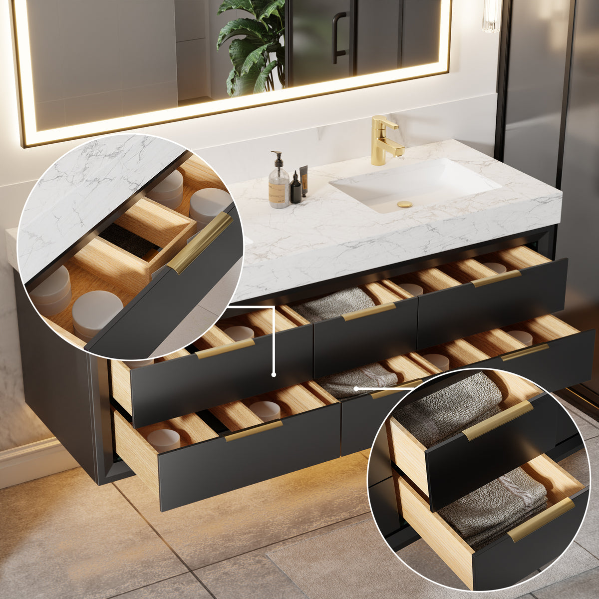 60" Floating Bathroom Vanity with Double Sinks & Lights, Black Wall Mount Vanity Cabinet