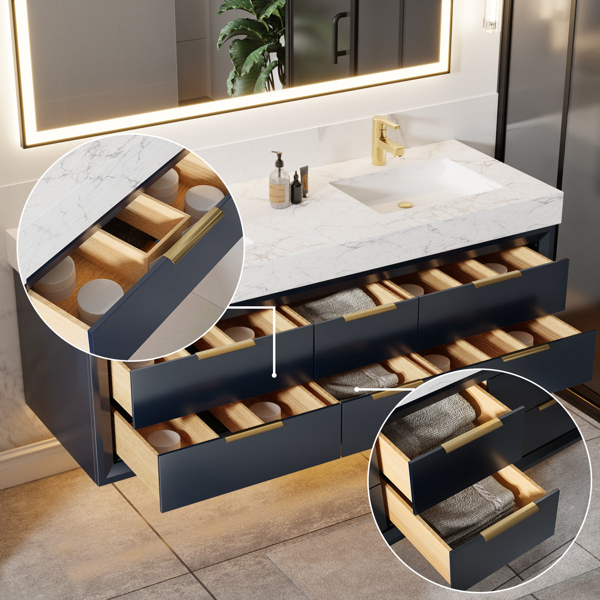 60" Floating Bathroom Vanity with Double Sinks & Lights, Blue Wall Mount Vanity Cabinet