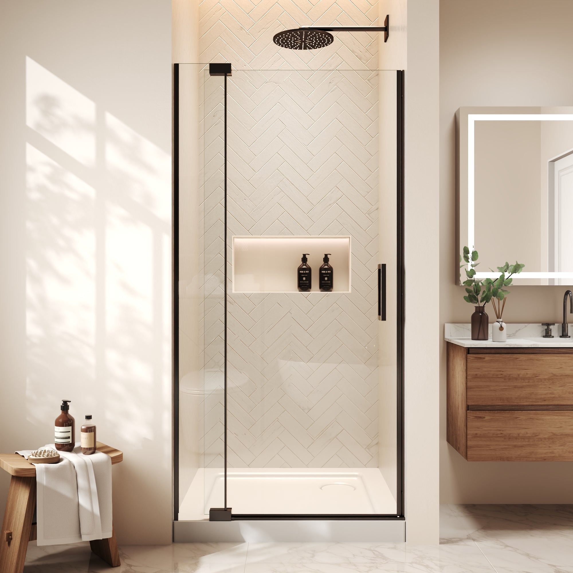 36"Wx70"H Frameless Pivot Shower Door, Matte Black