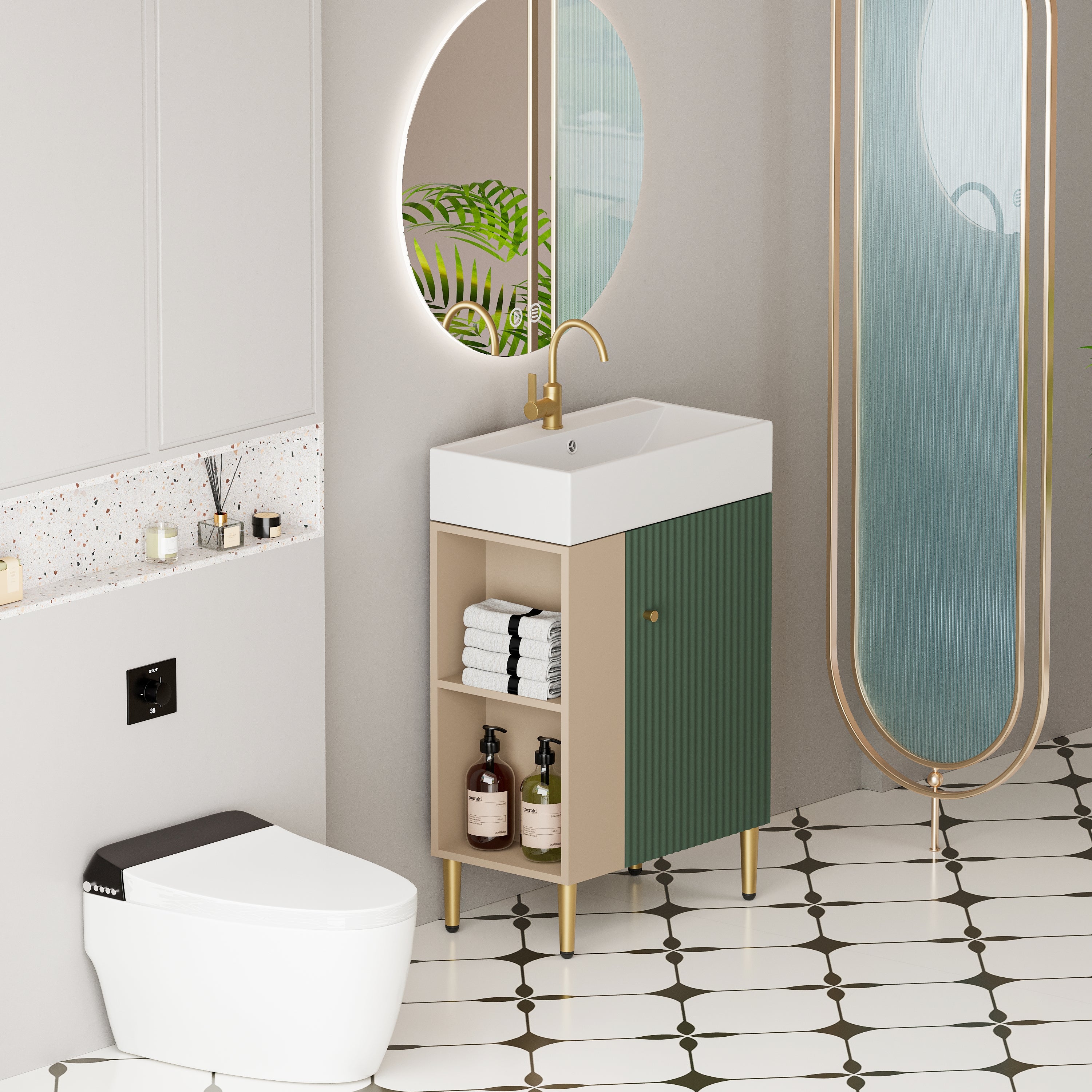 21.6" Green Small Freestanding Vanity with Sink-RIght Handed Open