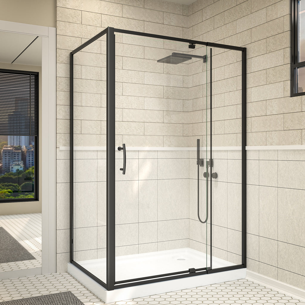 48"Wx35“Dx71”H Matte Black Semi-Frameless Shower Enclosure,1/4" Tempered Glass