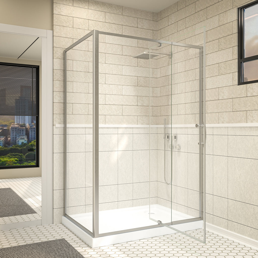 48"Wx35”Dx71“H Brushed Nickel Semi-Frameless Shower Enclosure,1/4" Tempered Glass