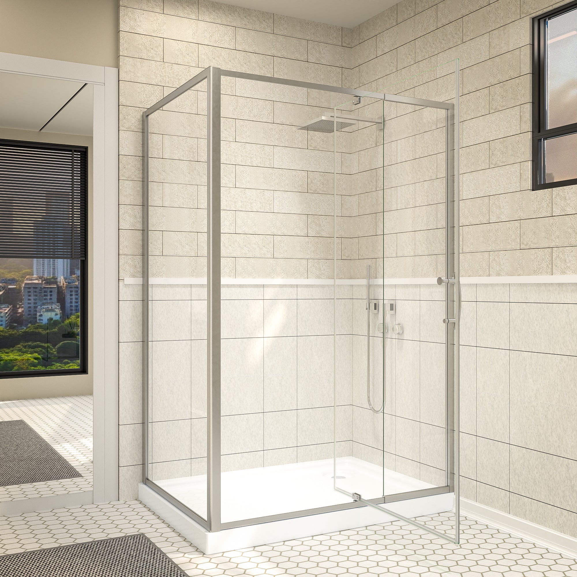 48"Wx35”Dx71“H Brushed Nickel Semi-Frameless Shower Enclosure,1/4" Tempered Glass