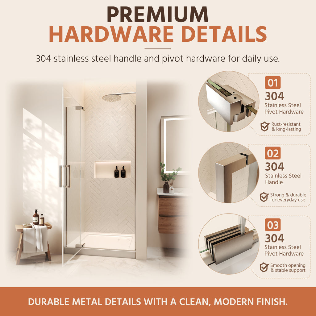 36"Wx70"H Frameless Pivot Shower Door, Brushed Nickel