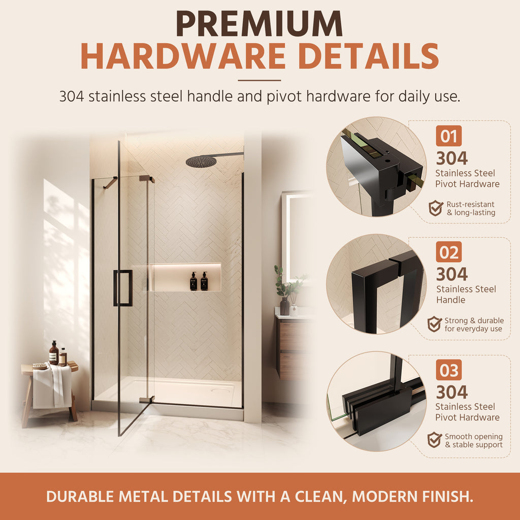 48"Wx70"H Frameless Pivot Shower Door, Matte Black