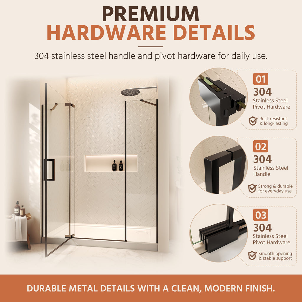 60"Wx70"H Frameless Pivot Shower Door, Matte Black