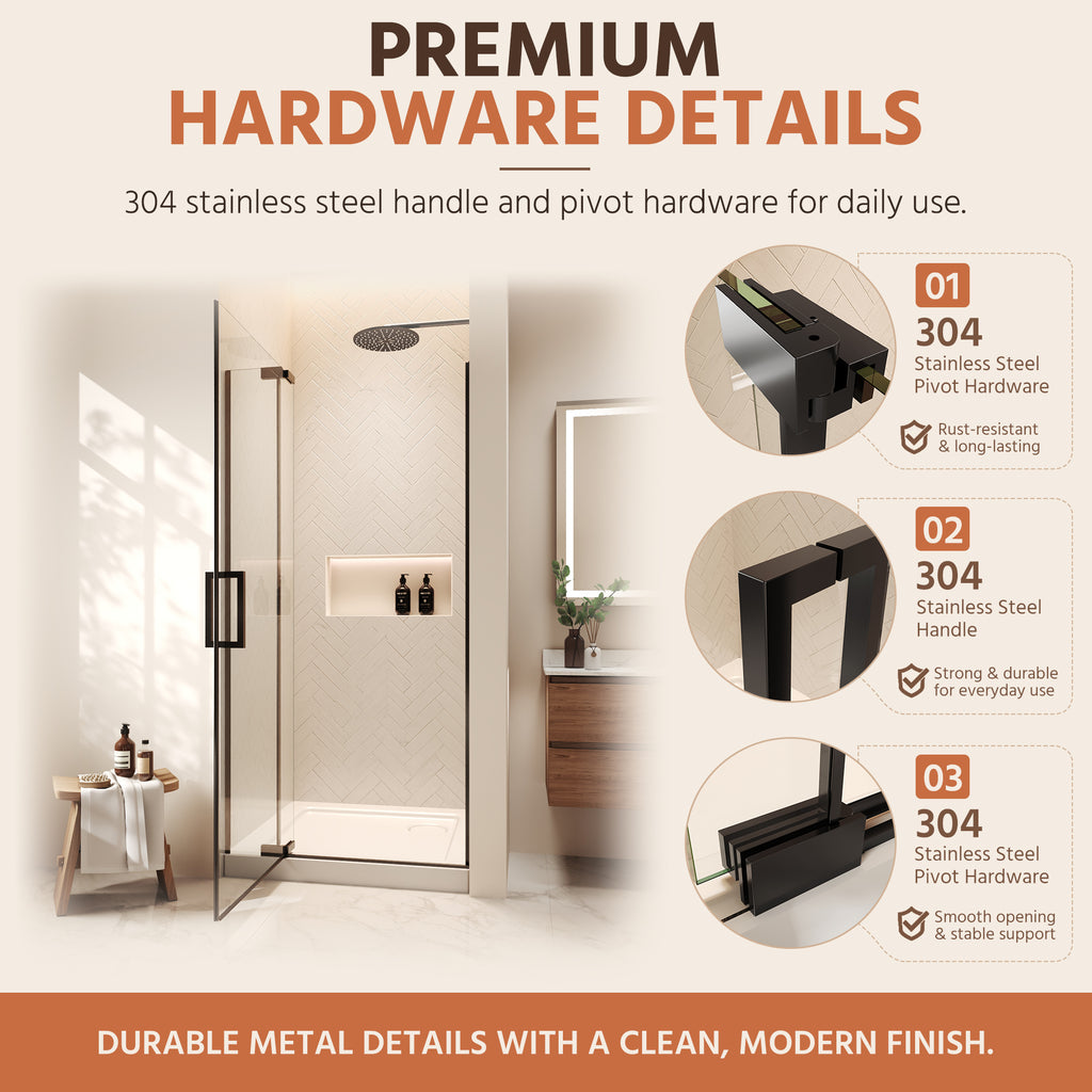 36"Wx70"H Frameless Pivot Shower Door, Matte Black