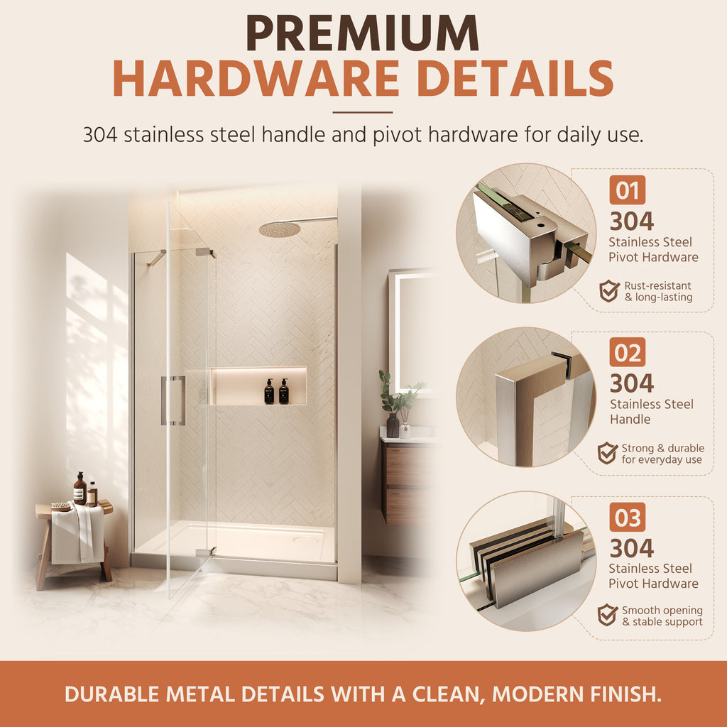 48"Wx70"H Frameless Pivot Shower Door, Brushed Nickel