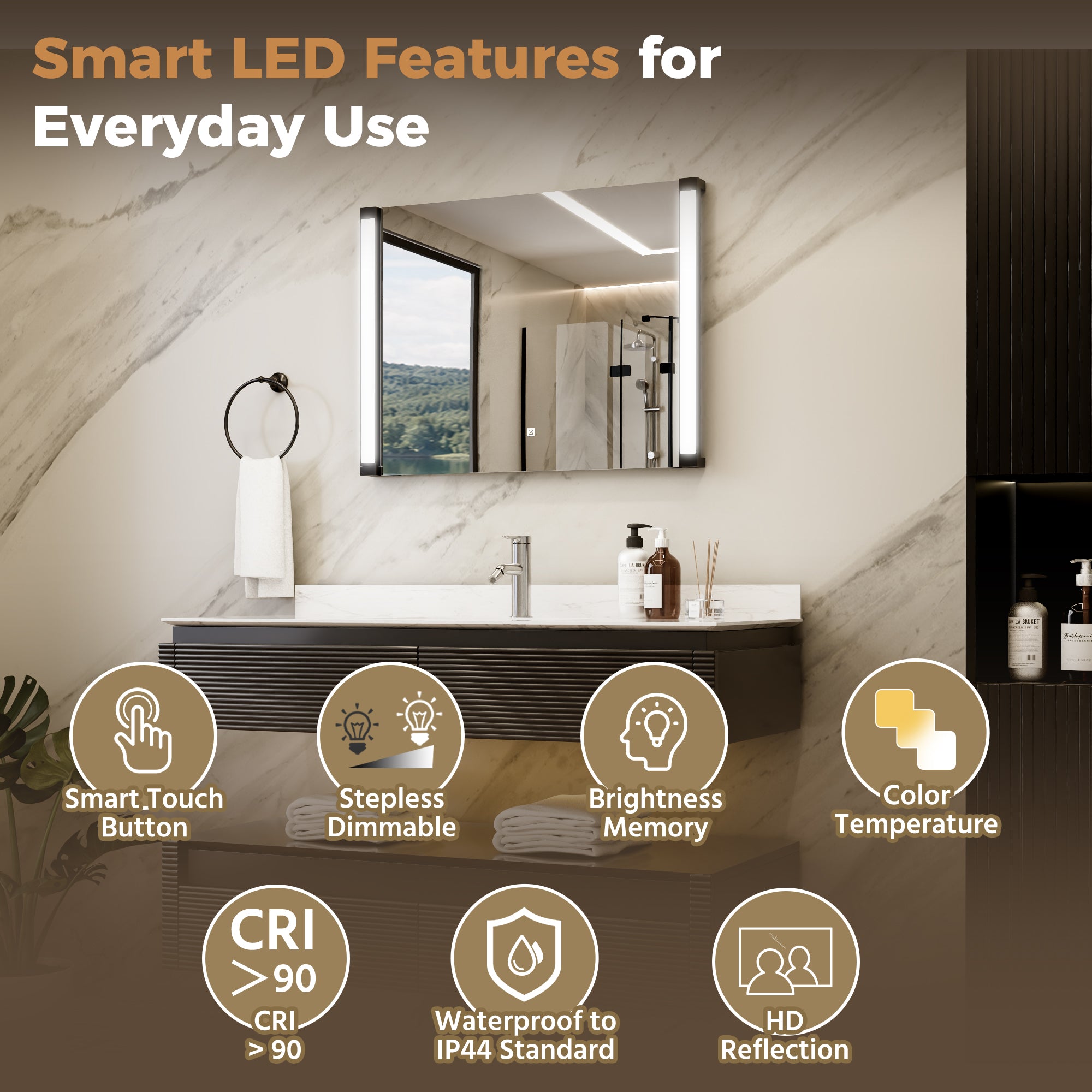 32"Wx24"H LED Vanity Mirror, 270° Rotatable LED Arms