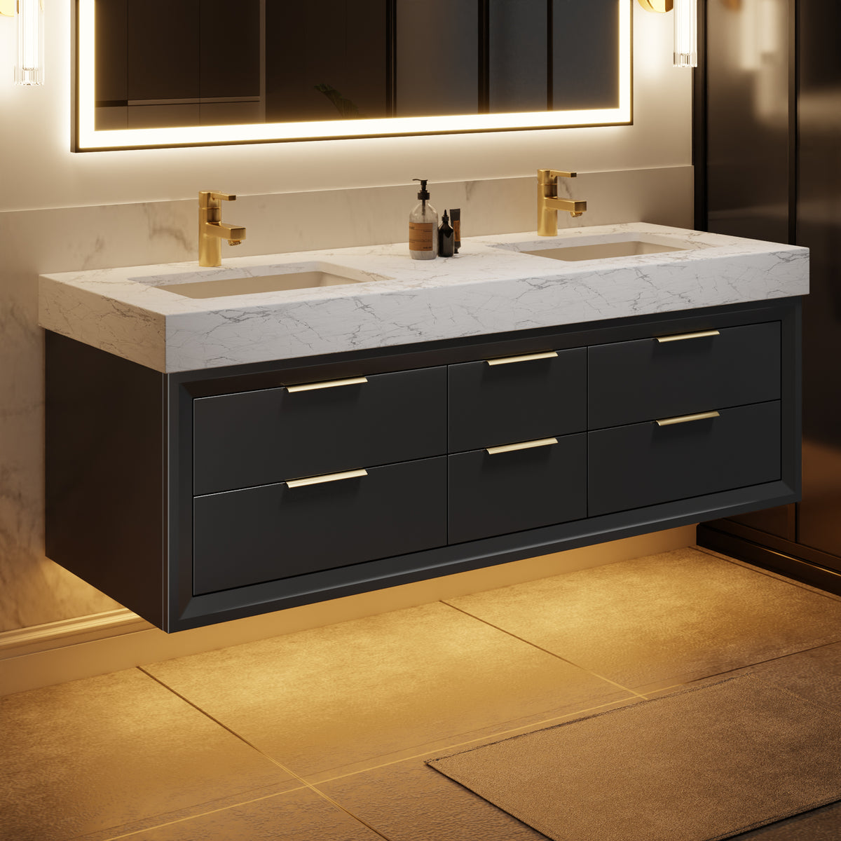 60" Floating Bathroom Vanity with Double Sinks & Lights, Black Wall Mount Vanity Cabinet