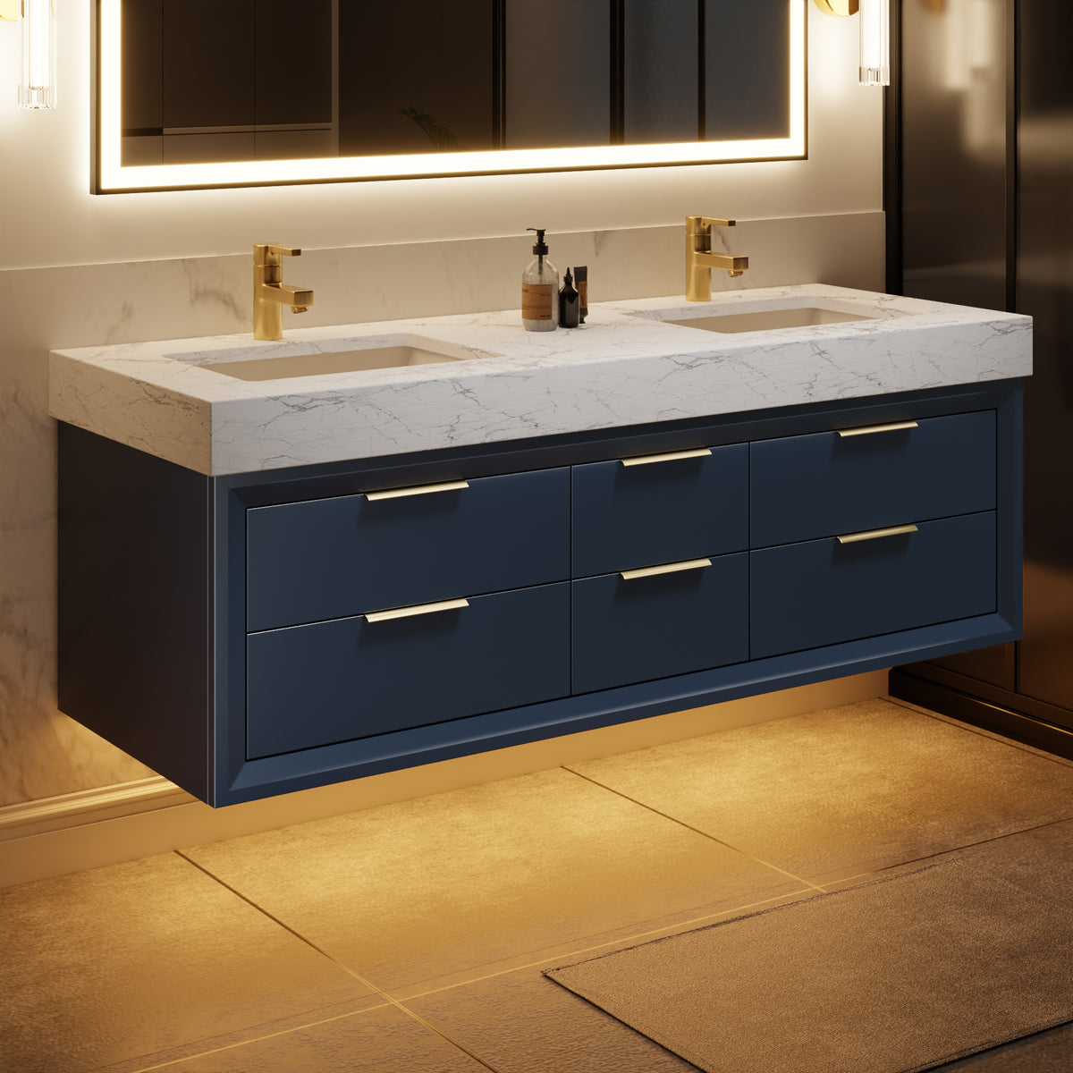 60" Floating Bathroom Vanity with Double Sinks & Lights, Blue Wall Mount Vanity Cabinet