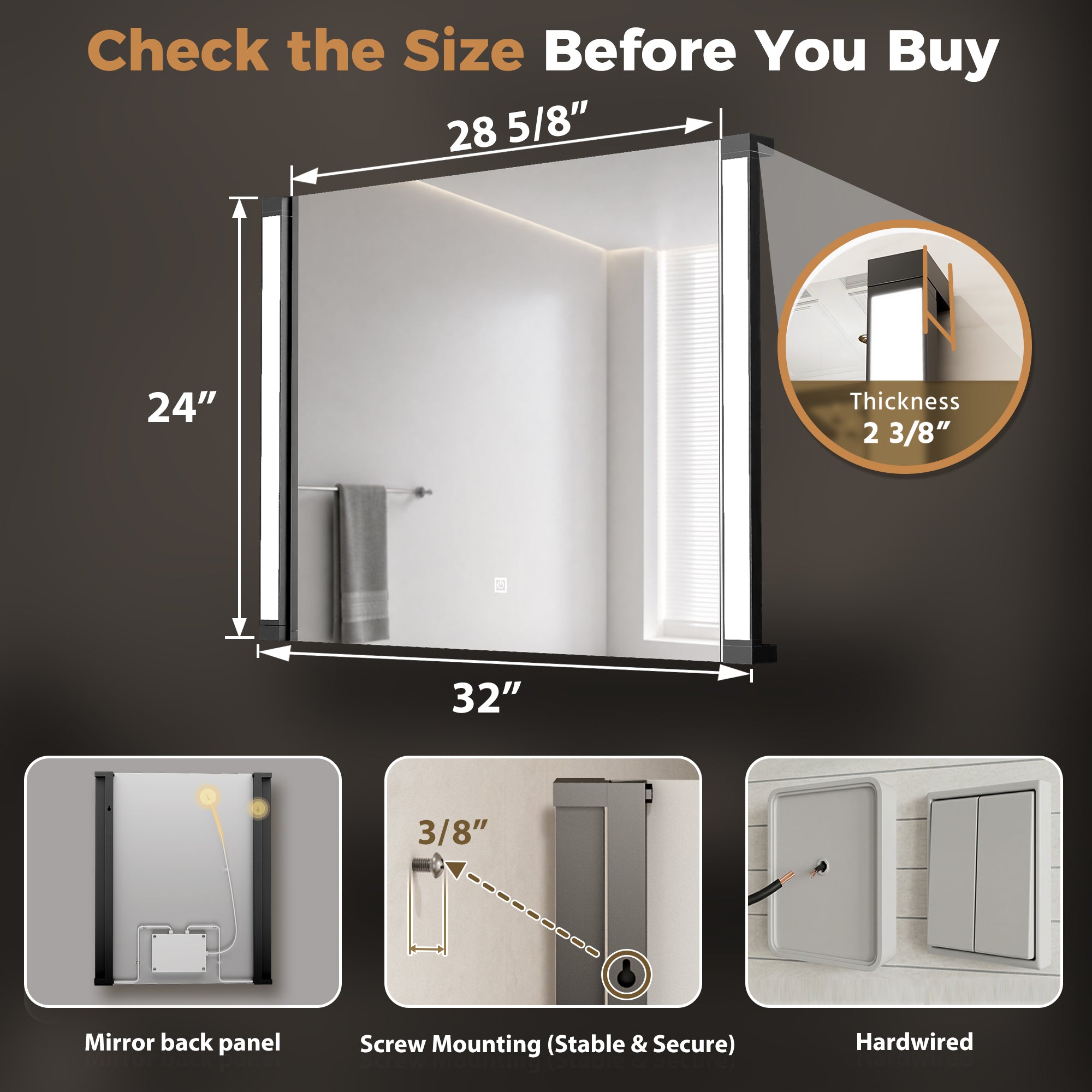 32"Wx24"H LED Vanity Mirror, 270° Rotatable LED Arms