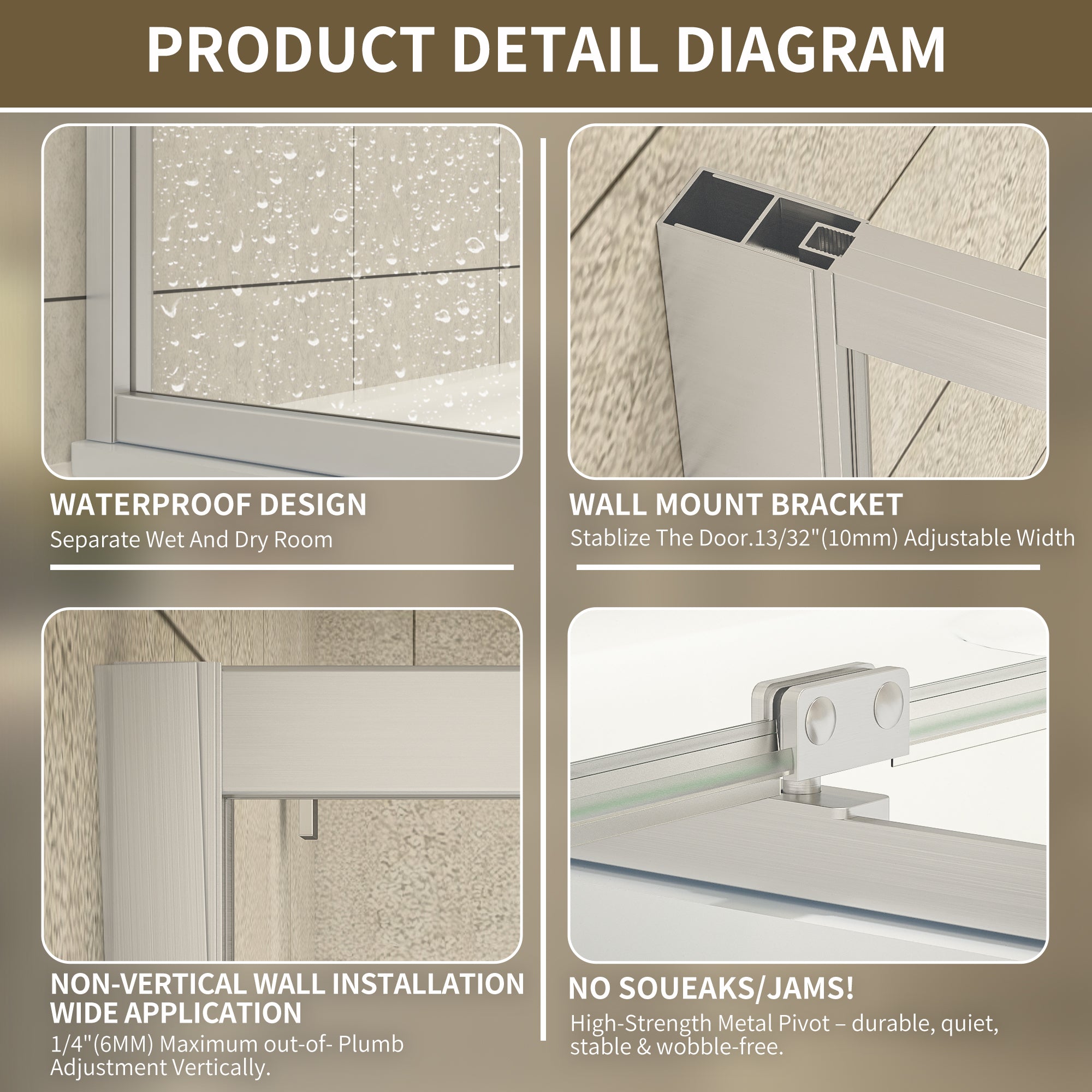 48"Wx35”Dx71“H Brushed Nickel Semi-Frameless Shower Enclosure,1/4" Tempered Glass