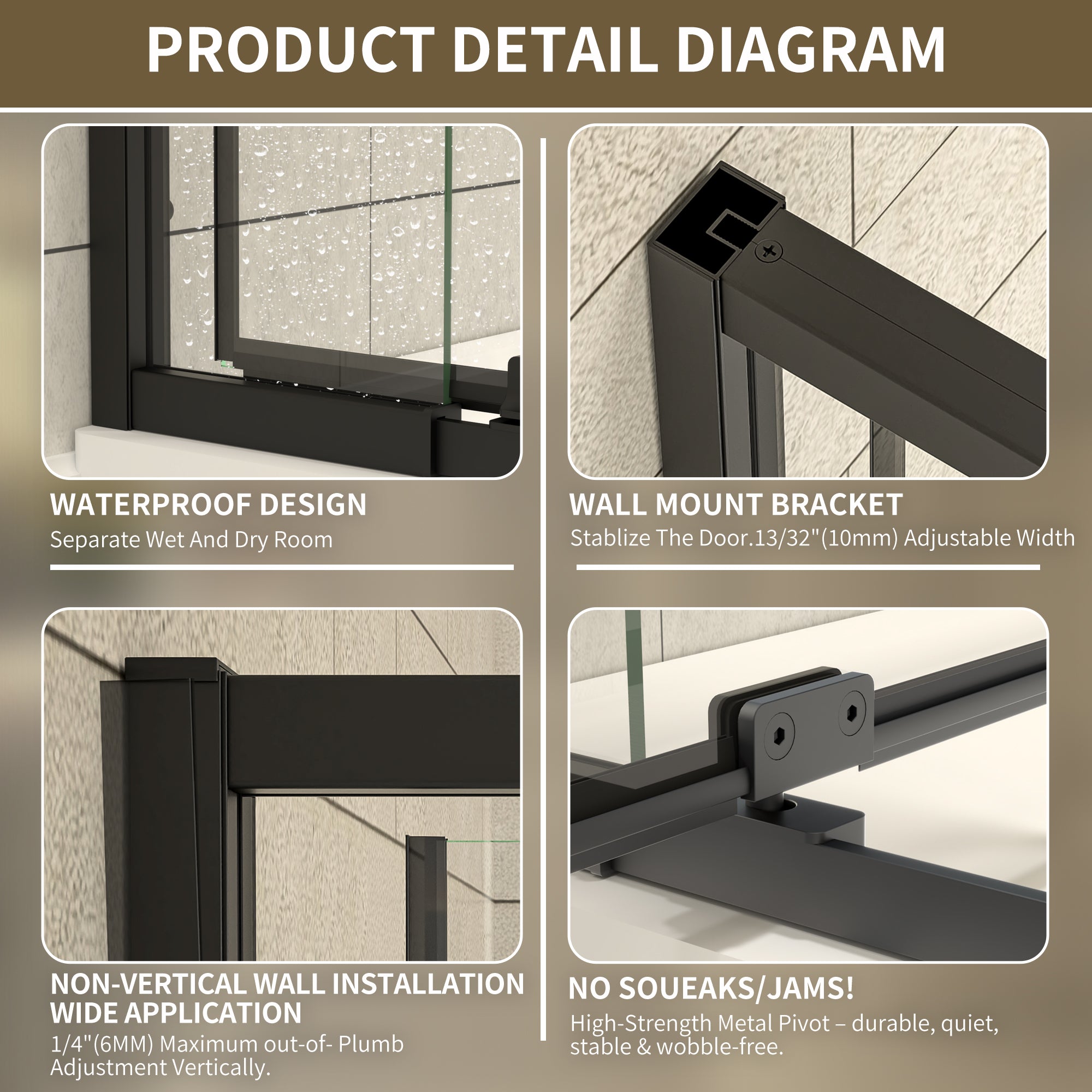 48"Wx35“Dx71”H Matte Black Semi-Frameless Shower Enclosure,1/4" Tempered Glass