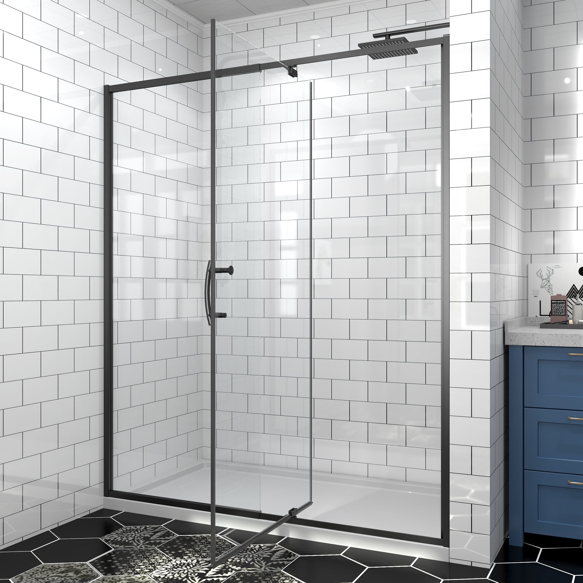 56–60" W x 71" H Matte Black Pivot Shower Door, 1/4"SGCC Tempered Glass