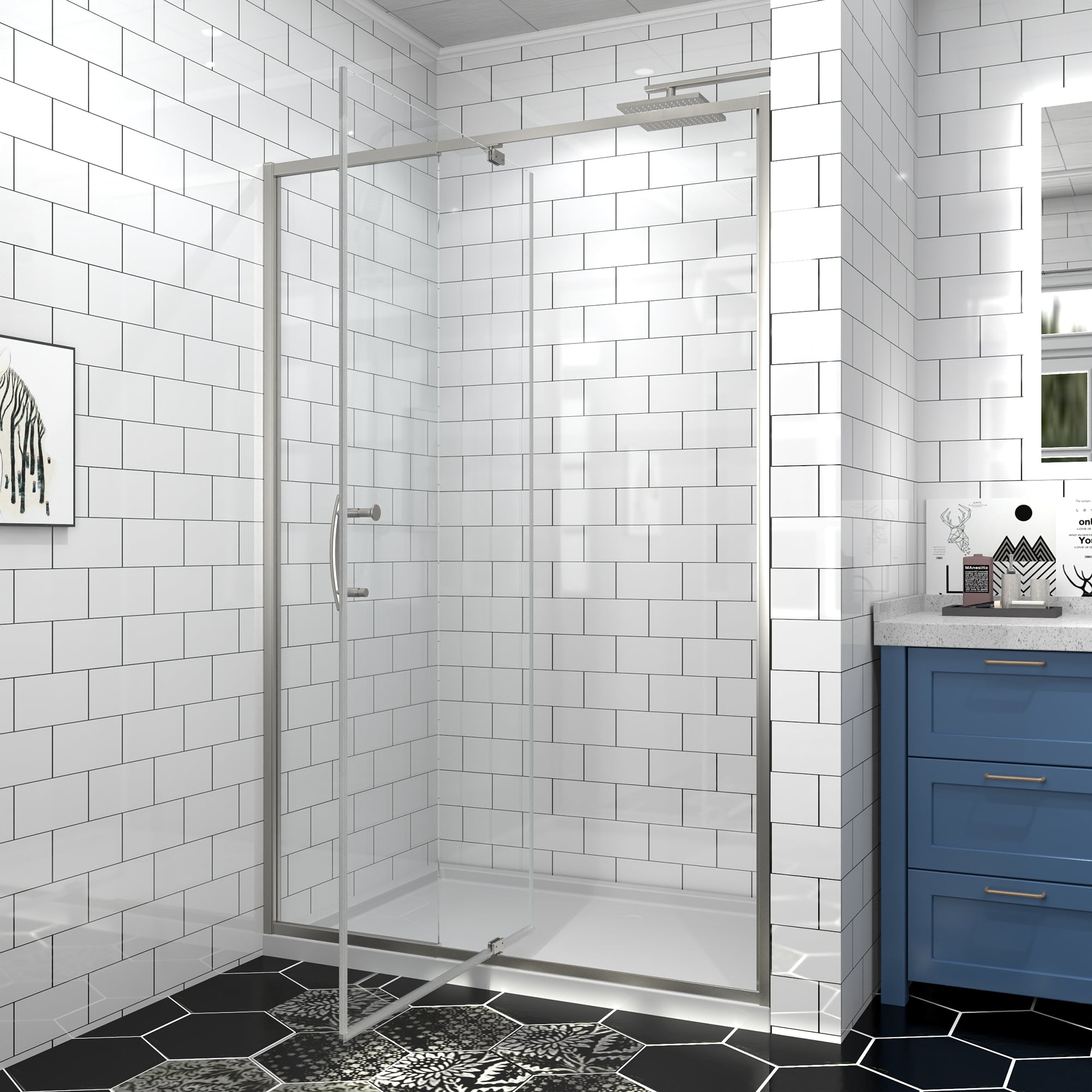 44-48" W x 71" H Brushed Nickel Pivot Shower Door, 1/4"SGCC Tempered Glass