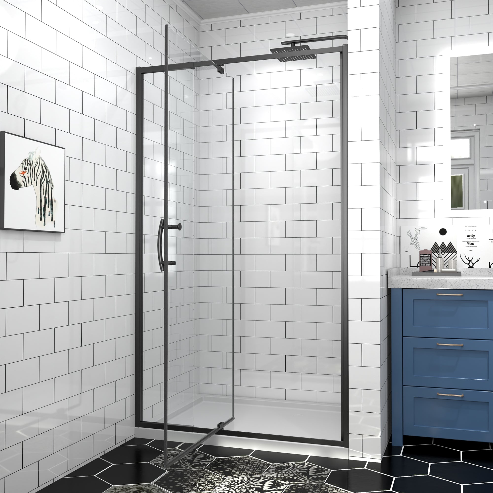 38-42" W x 71" H Matte Black Pivot Shower Door, 1/4"SGCC Tempered Glass