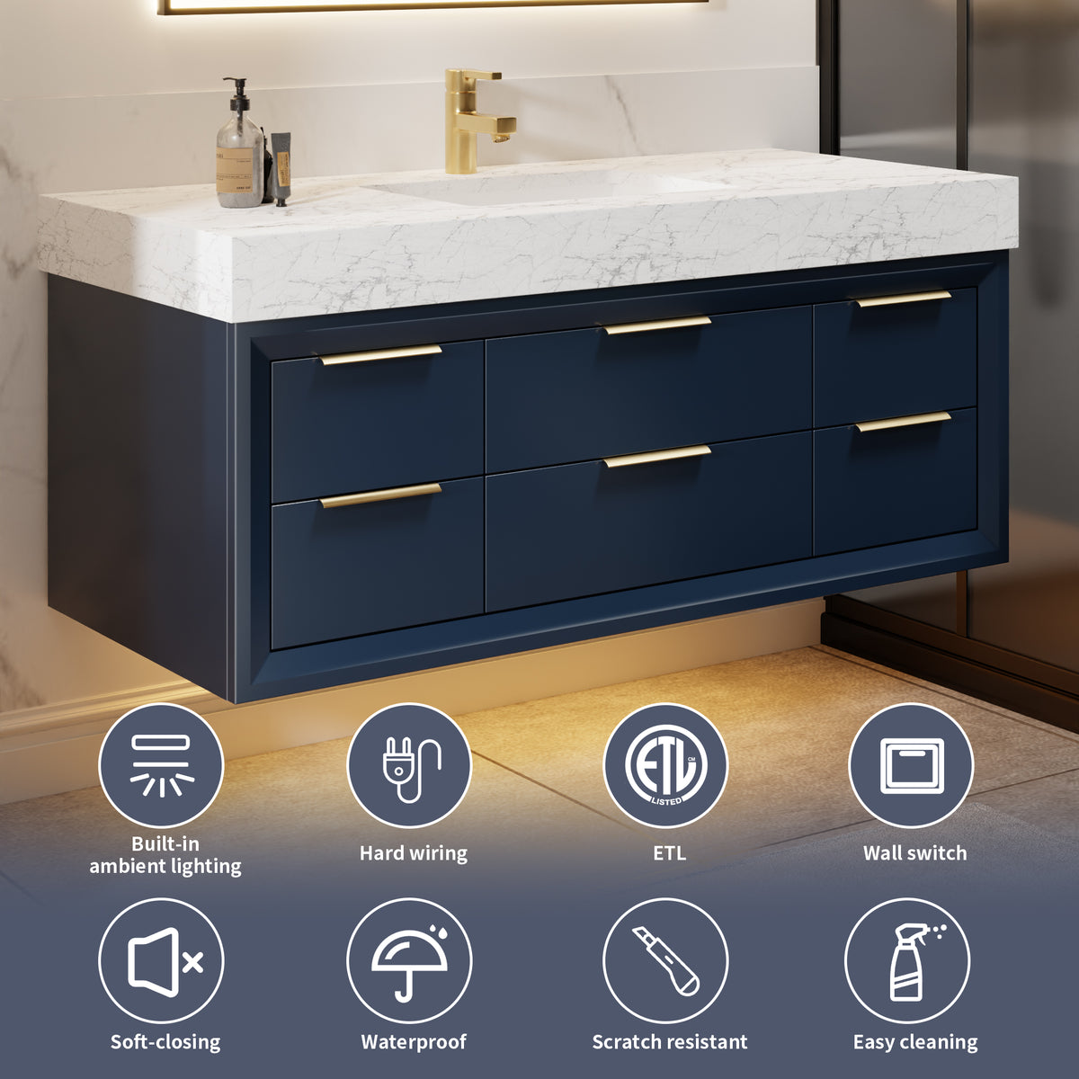 48" Floating Bathroom Vanity with Sink & Lights, Blue Wall Mount Vanity Cabinet