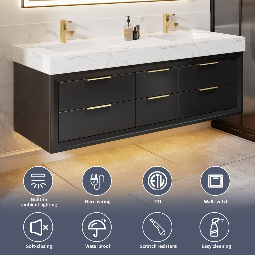 60" Floating Bathroom Vanity with Double Sinks & Lights, Black Wall Mount Vanity Cabinet