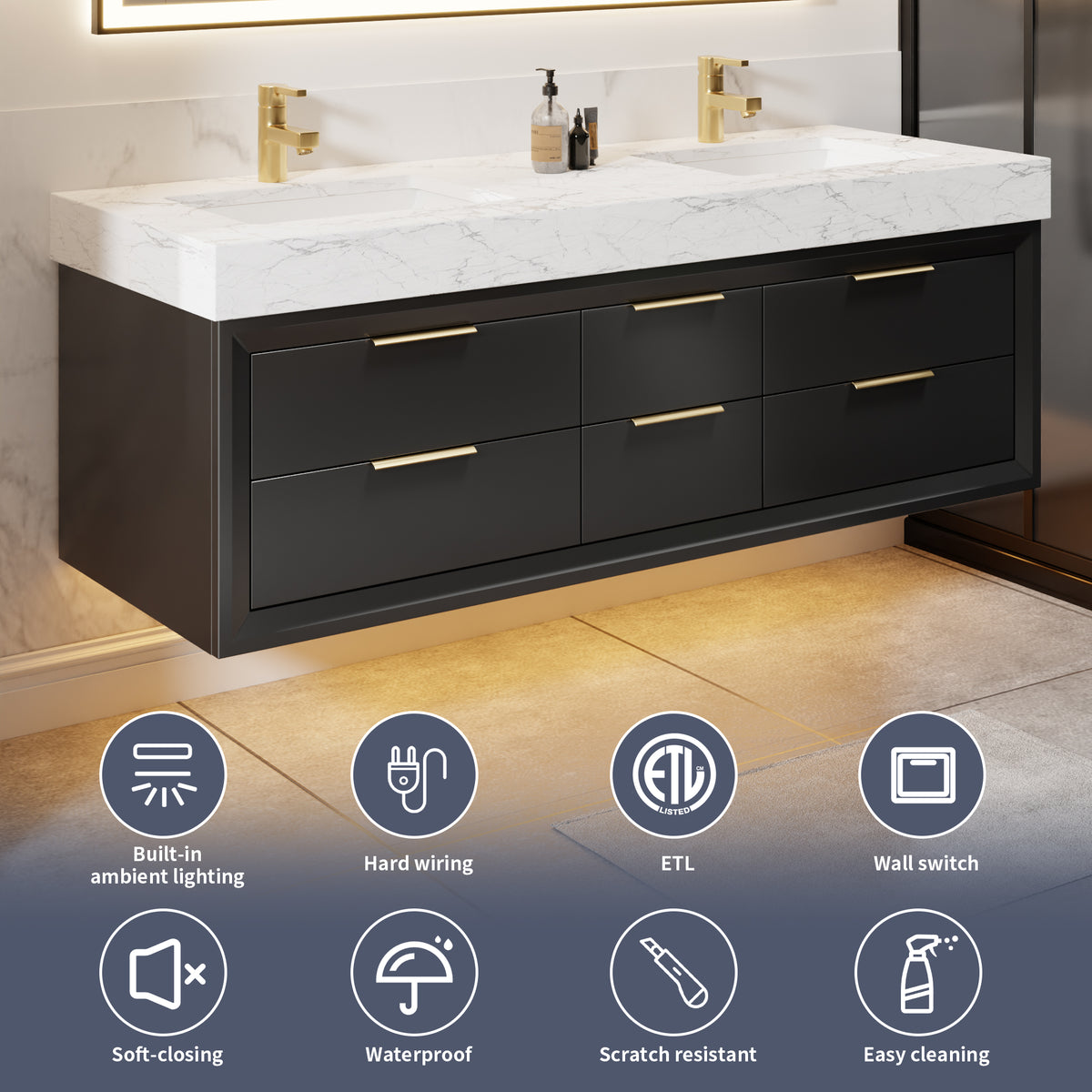 60" Floating Bathroom Vanity with Double Sinks & Lights, Black Wall Mount Vanity Cabinet
