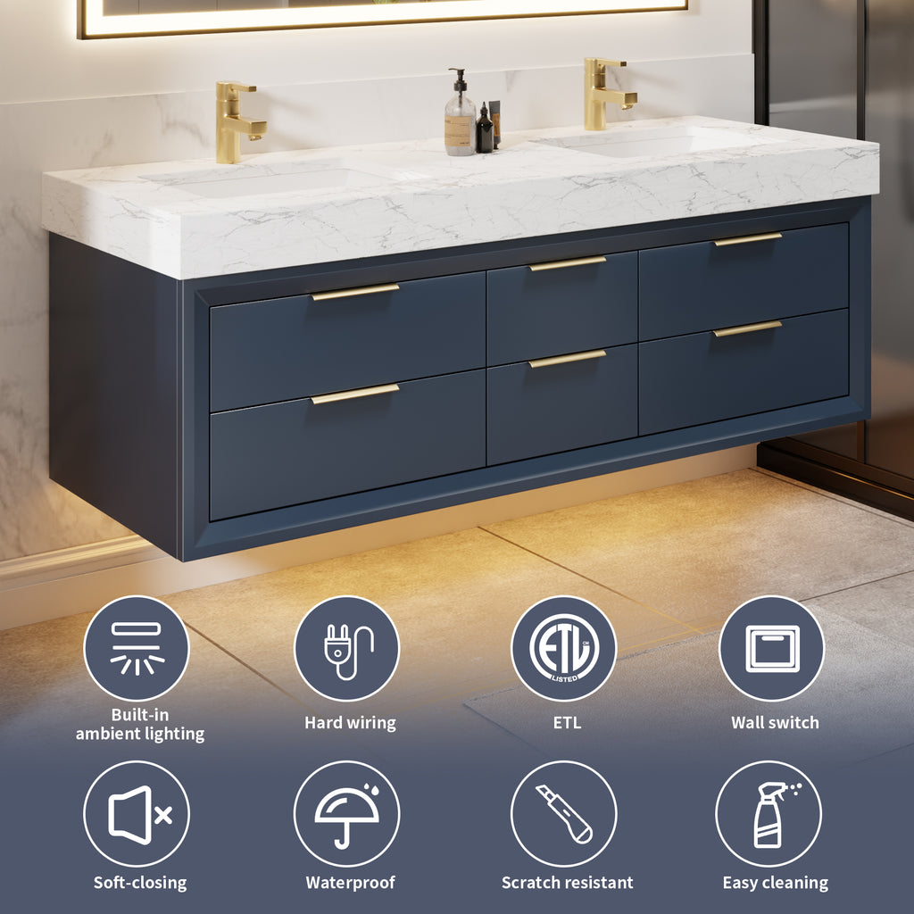 60" Floating Bathroom Vanity with Double Sinks & Lights, Blue Wall Mount Vanity Cabinet