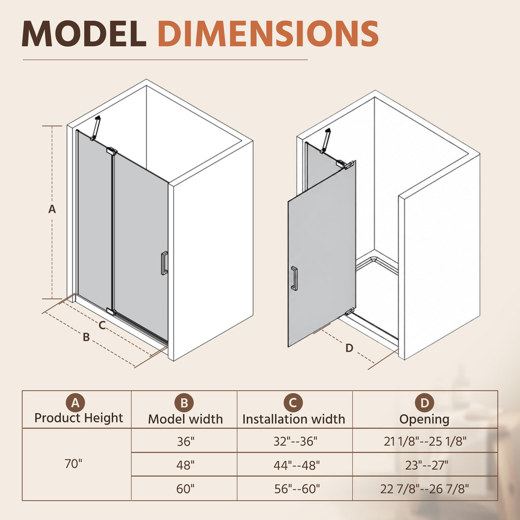 48"Wx70"H Frameless Pivot Shower Door, Brushed Nickel