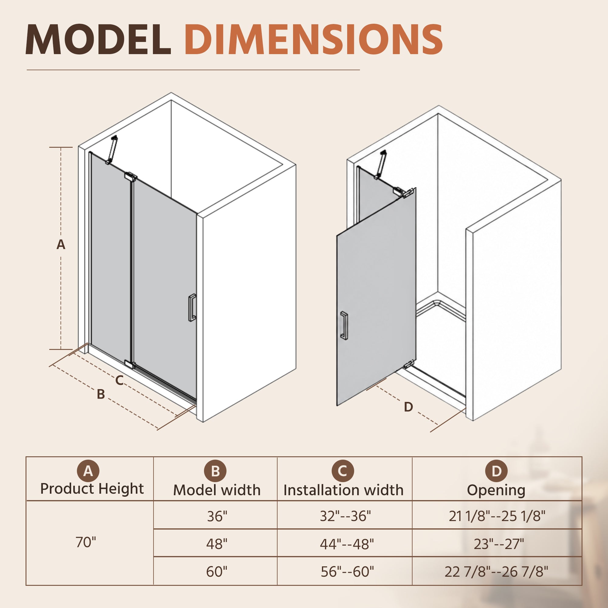 48"Wx70"H Frameless Pivot Shower Door, Brushed Nickel