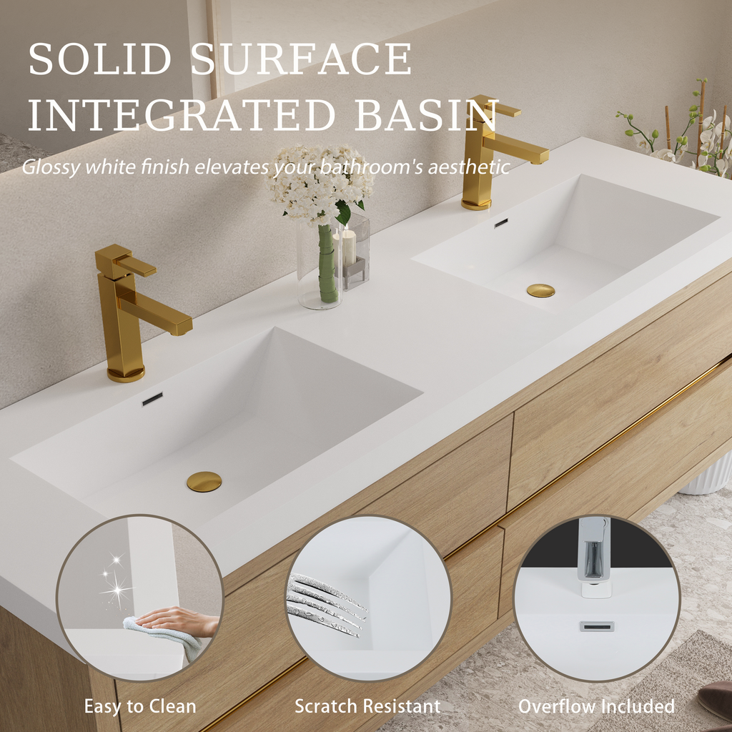 72 Inch Natural Oak Floating Vanity with Double Sinks