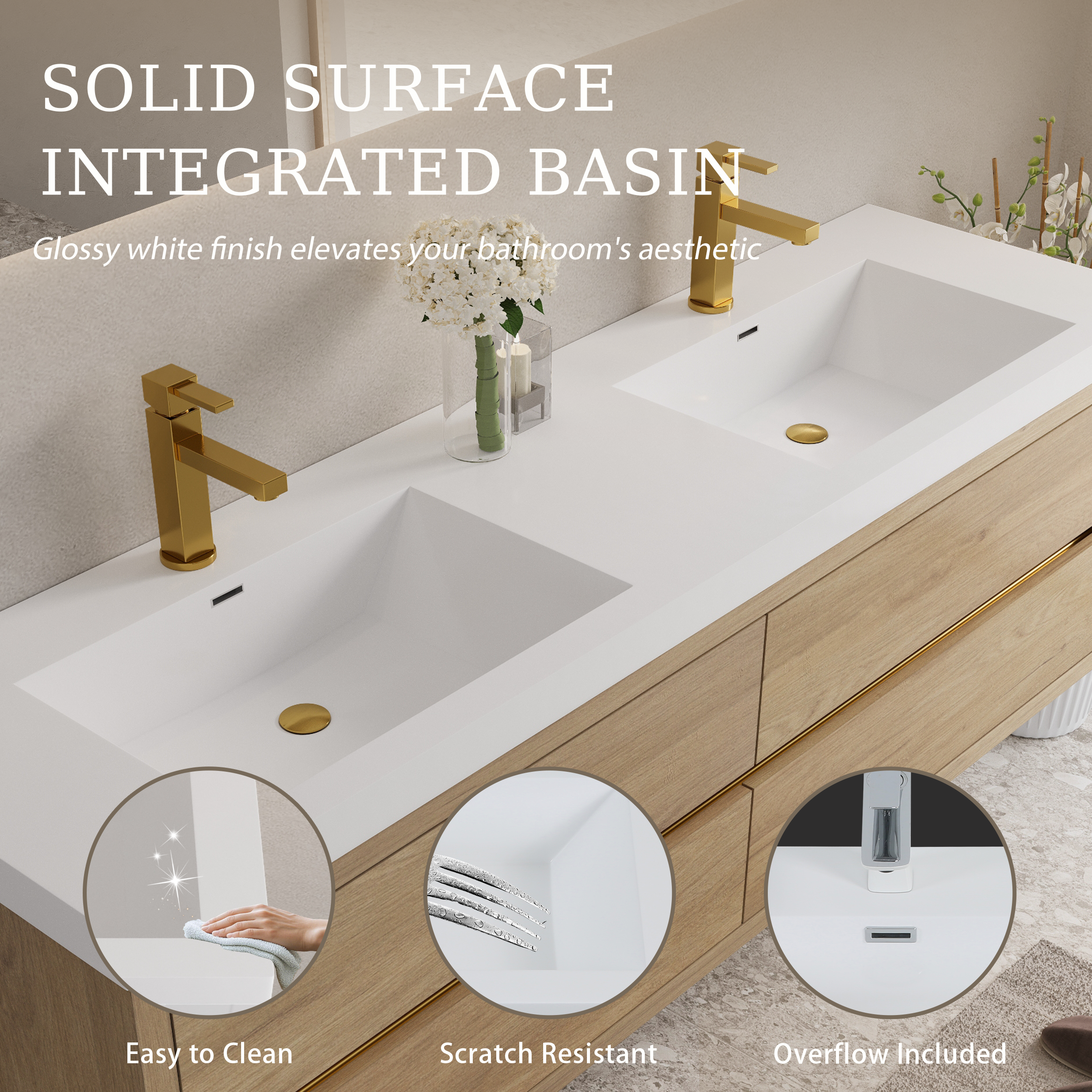 72 Inch Natural Oak Floating Vanity with Double Sinks