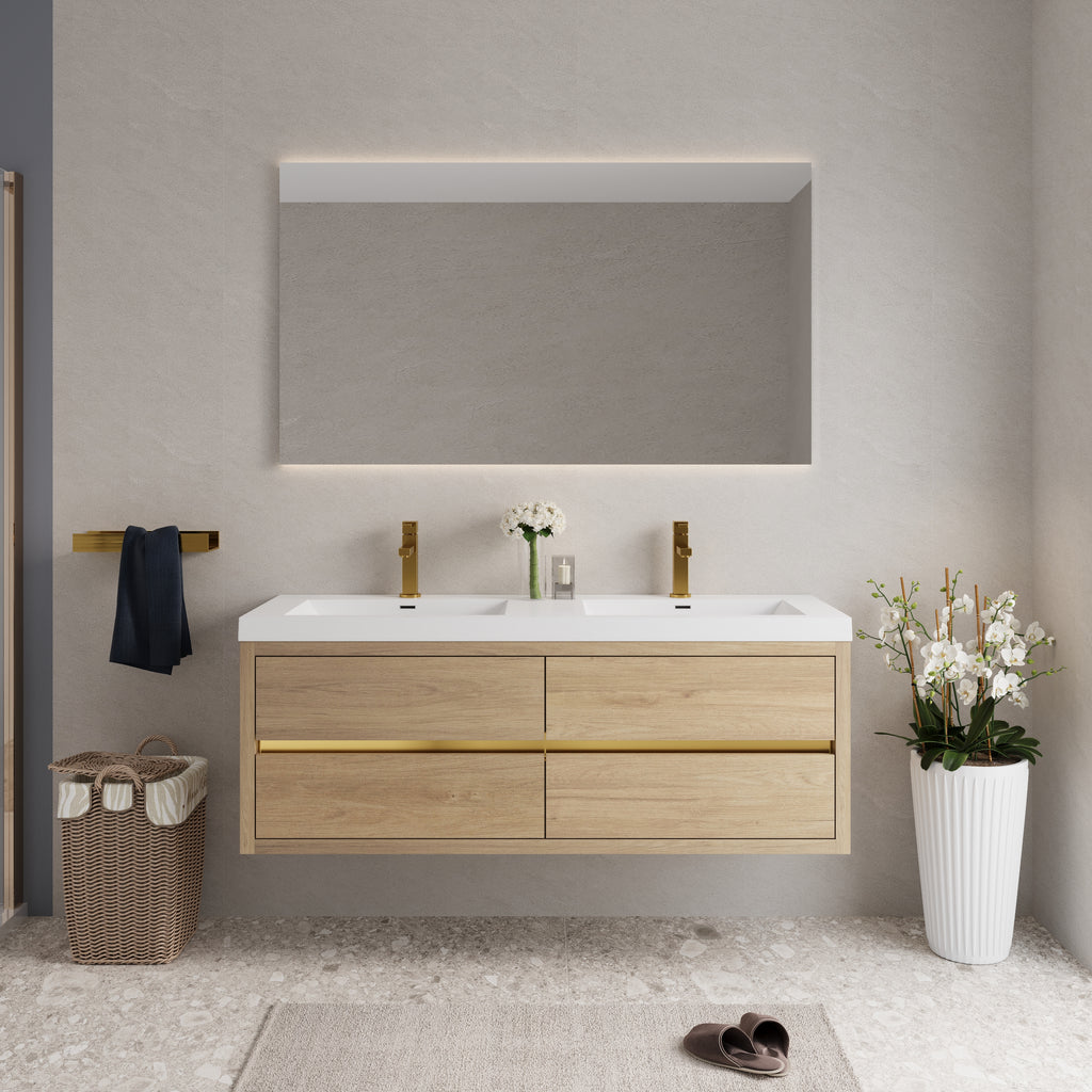60 Inch Natural Wood Floating Vanity with Double Sinks