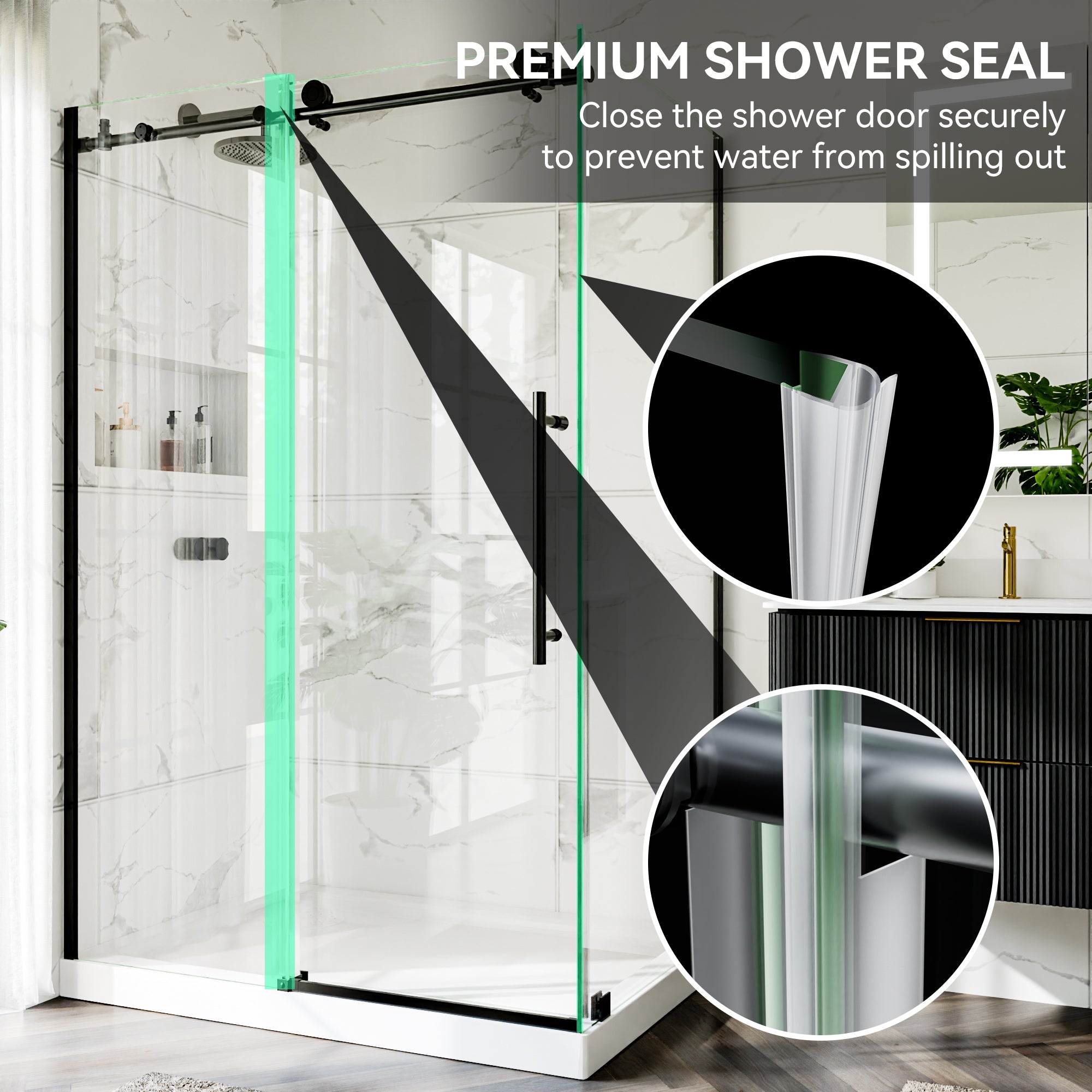 44-48"W x 36"D x 72"H Black Frameless Shower Enclosure