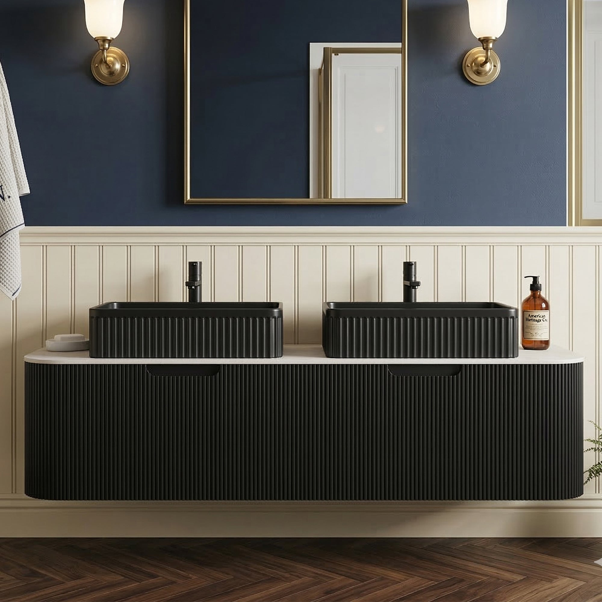 Floating Bathroom Vanity with Black Rectangular Ceramic Basin