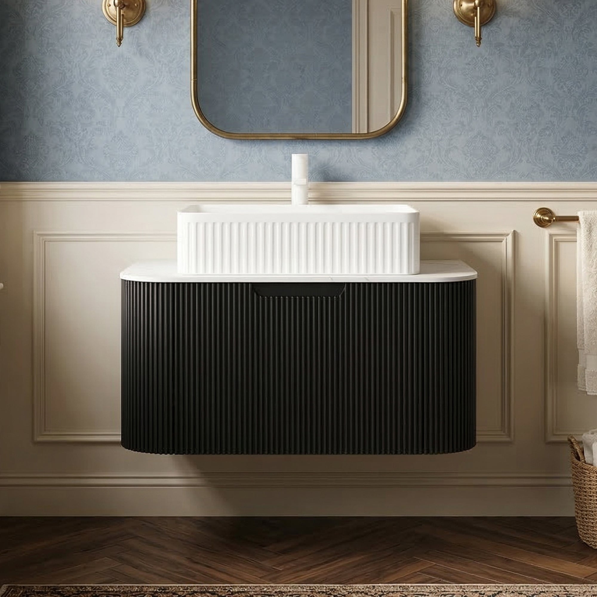 Floating Bathroom Vanity with White Rectangular Ceramic Basin