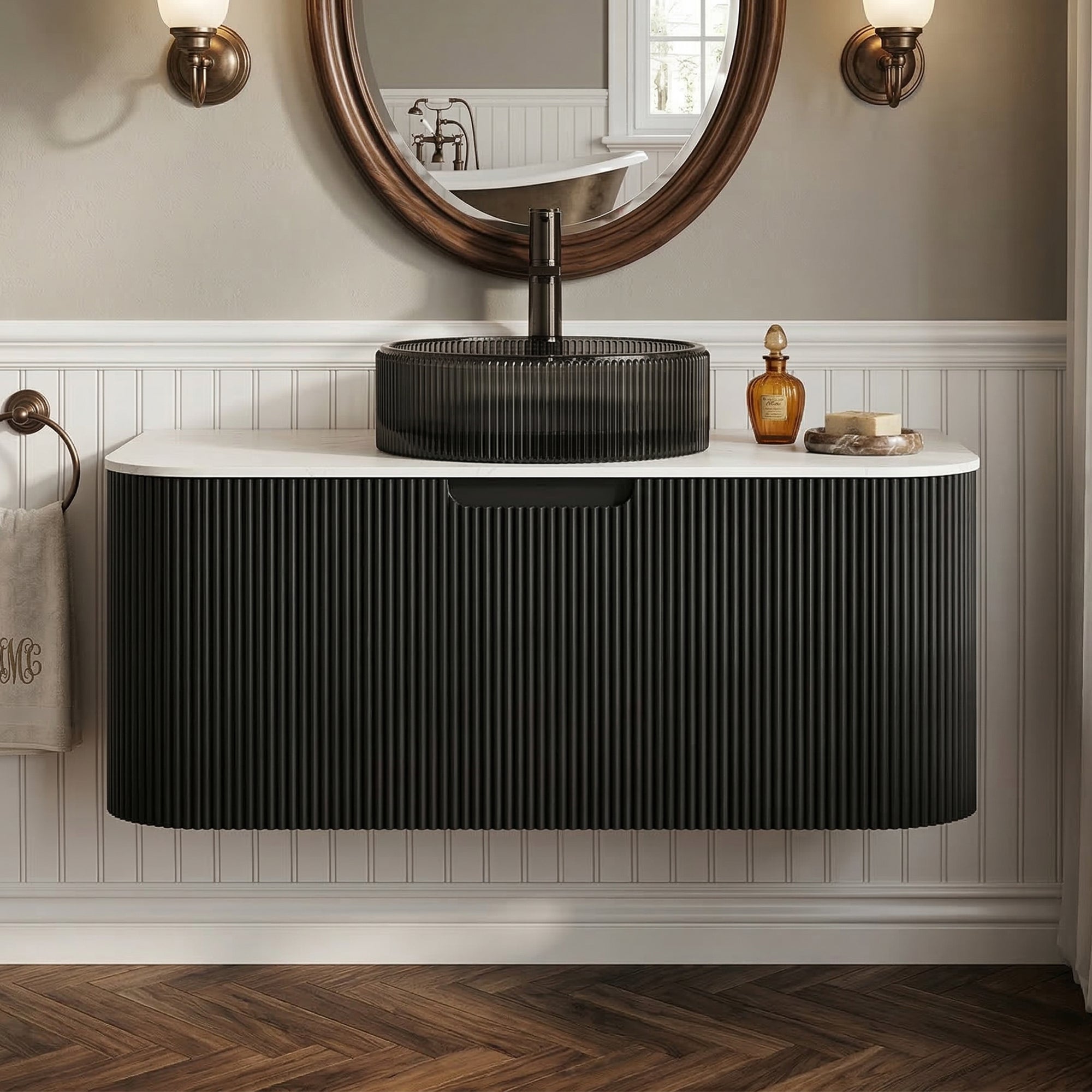 Floating Bathroom Vanity with Transparent Crystal Glass Basin