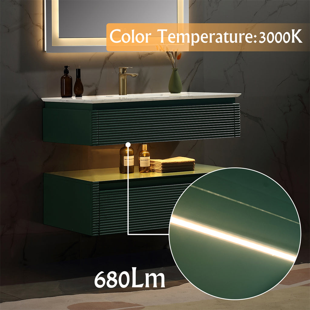 36 Inches Green Floating Bathroom Vanity with One Sink, Wall Mounted Double Layer