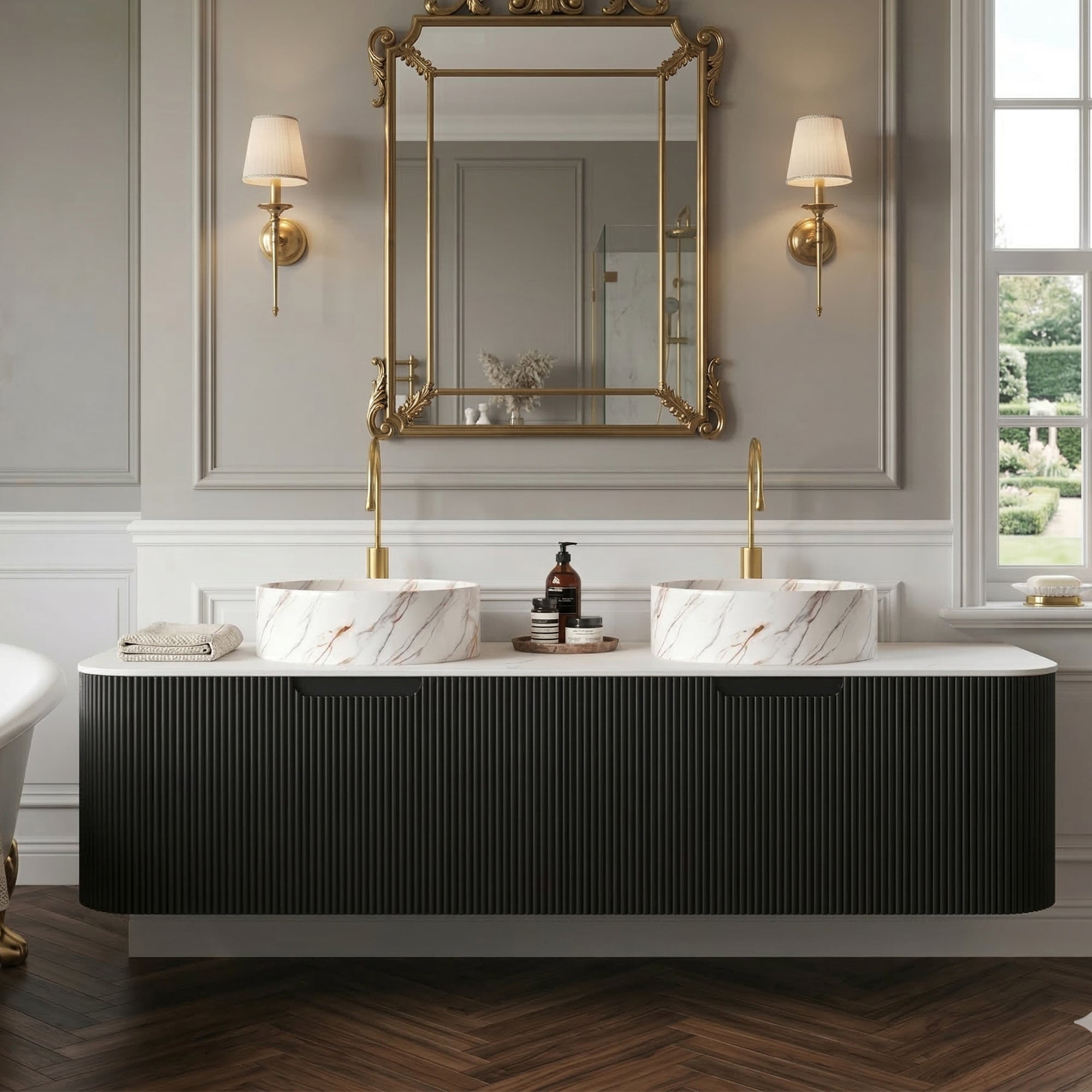 Floating Bathroom Vanity with Matte Stone White Round Ceramic Basin