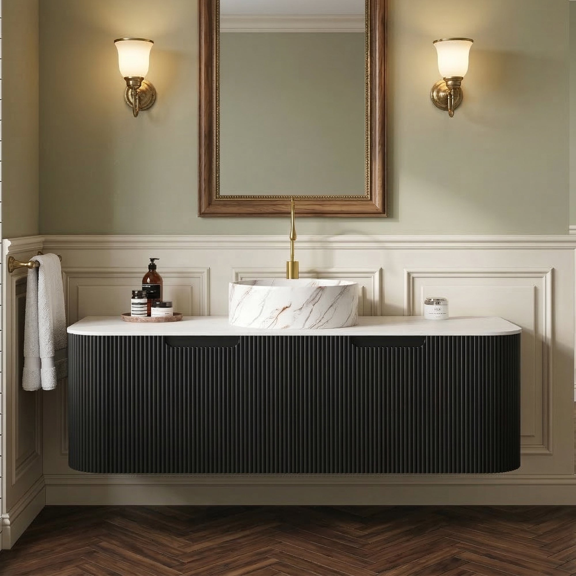 Floating Bathroom Vanity with Matte Stone White Round Ceramic Basin