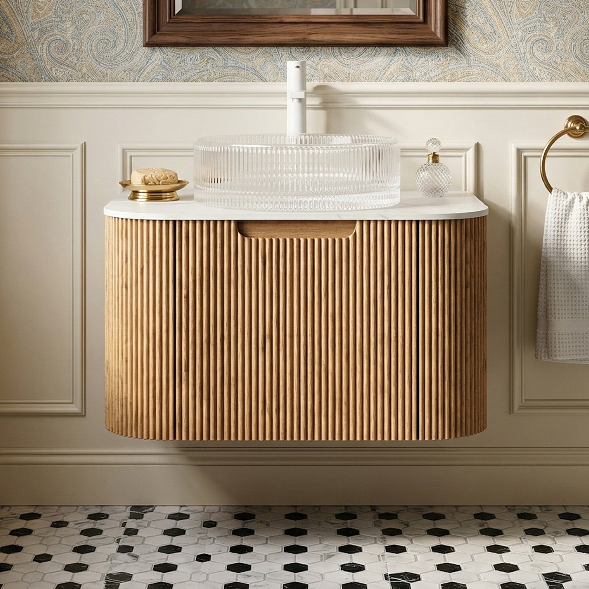 Floating Bathroom Vanity with Transparent Crystal Glass Basin