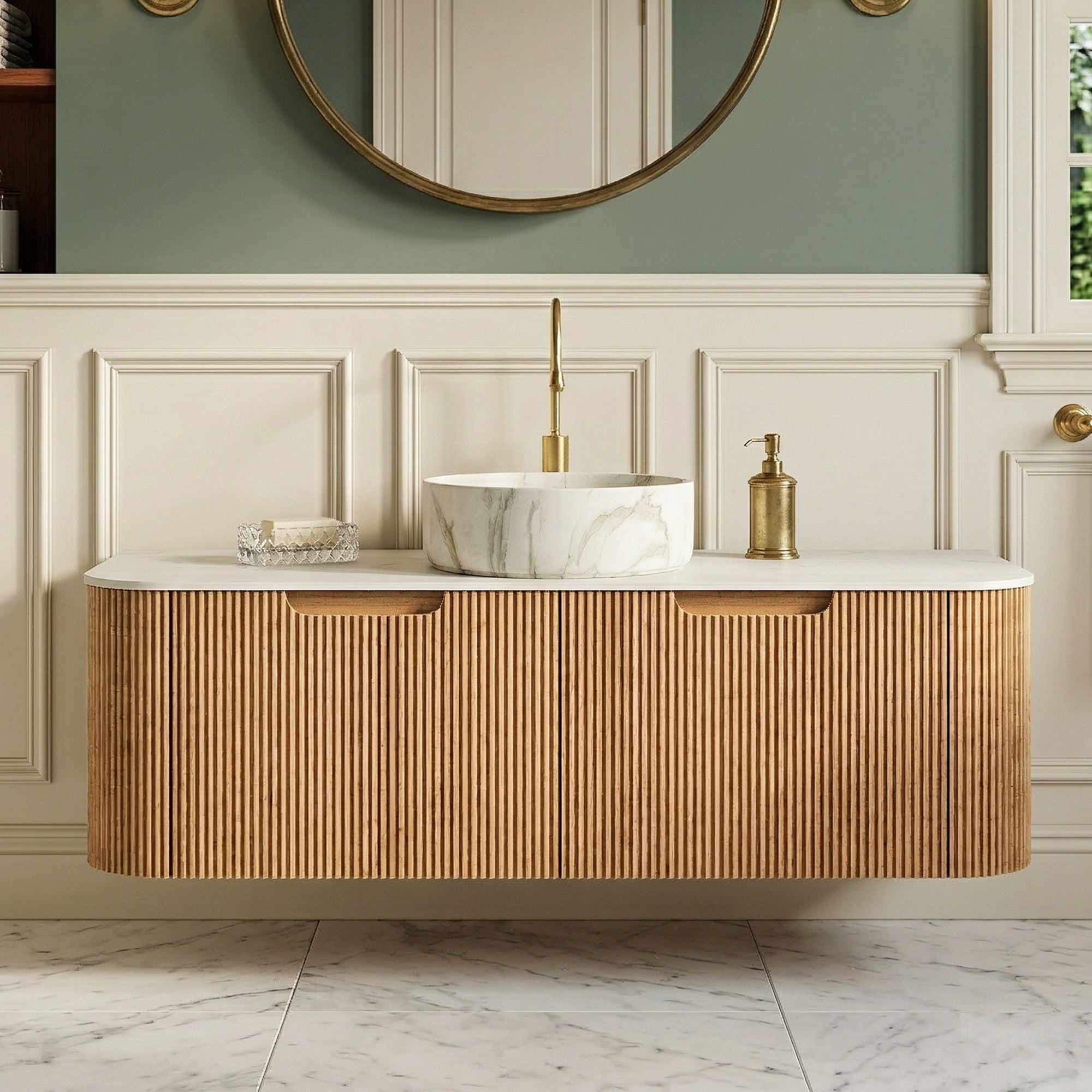 Floating Bathroom Vanity with Matte Stone White Round Ceramic Basin