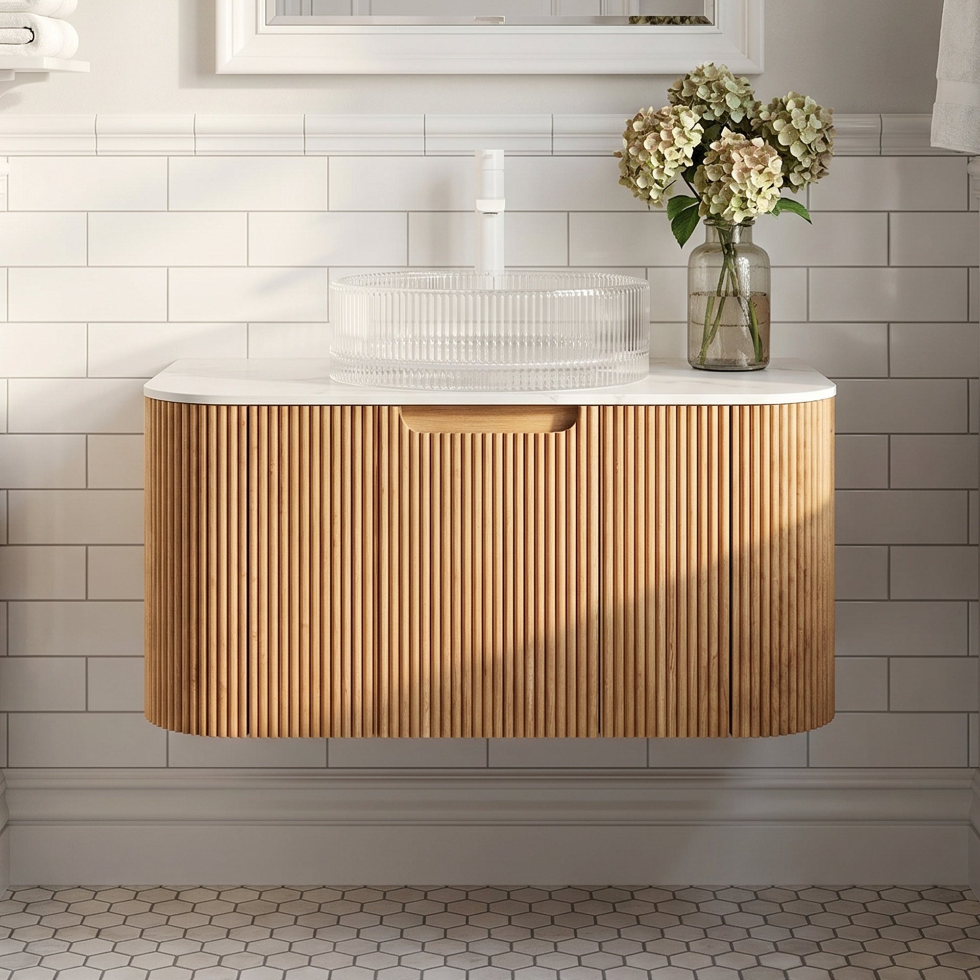 Floating Bathroom Vanity with Transparent Crystal Glass Basin