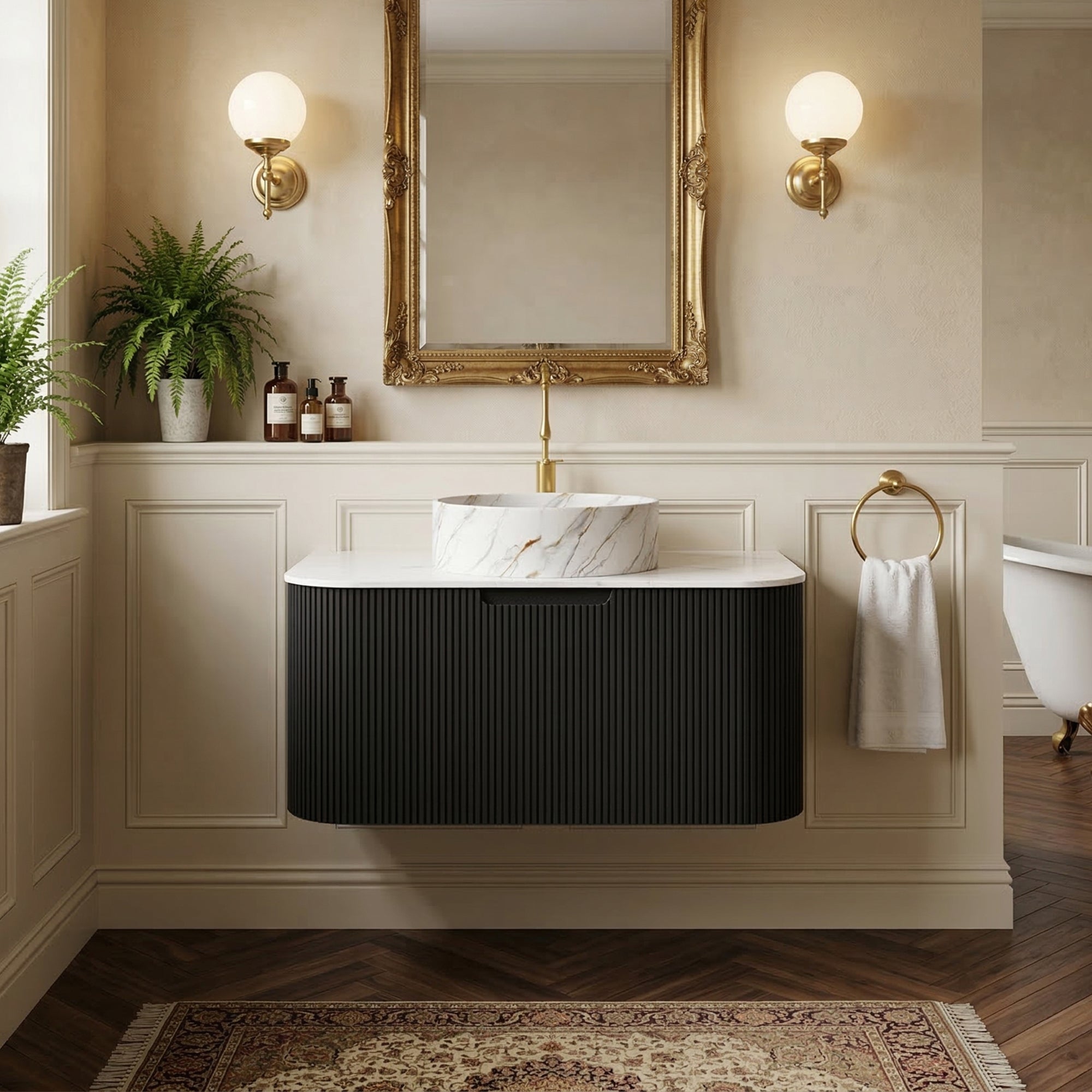 Floating Bathroom Vanity with Matte Stone White Round Ceramic Basin