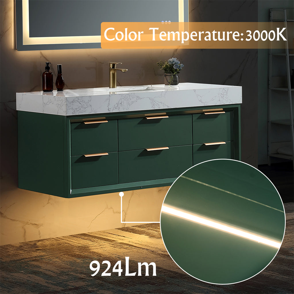 48" Floating Bathroom Vanity with Sink & Lights, Green Wall Mount Vanity Cabinet